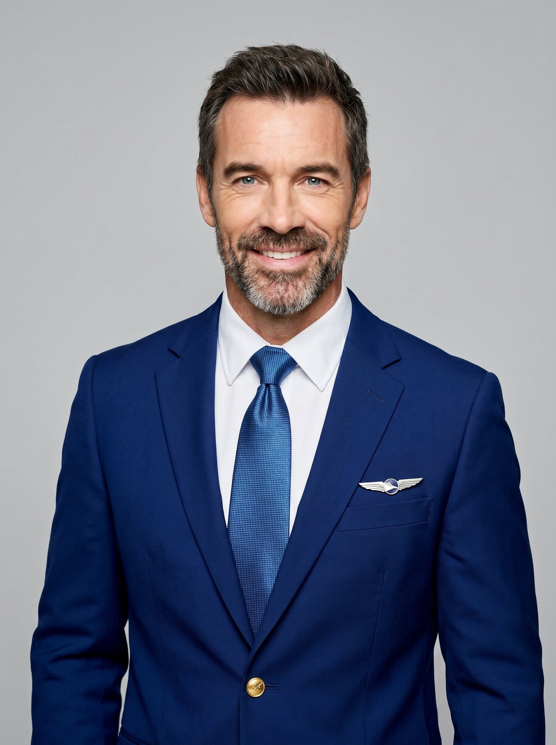 : Professional headshot of a flight attendant in a vibrant uniform, posed against a neutral background, with balanced lighting highlighting their friendly and attentive facial expression.