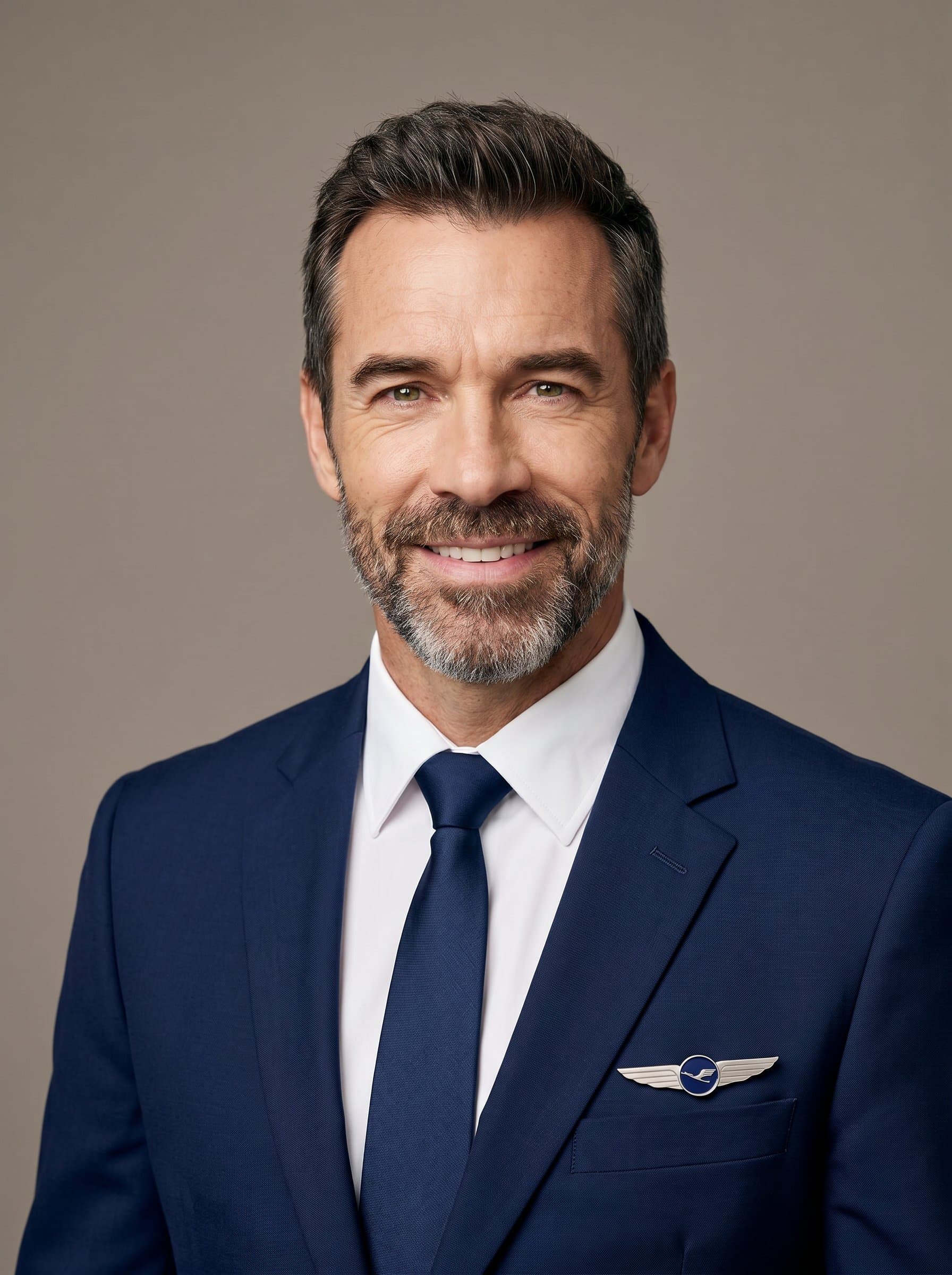 : Portrait of a flight attendant in a sleek airline outfit, against a neutral taupe background, with soft lighting highlighting their attentive and approachable facial features.
