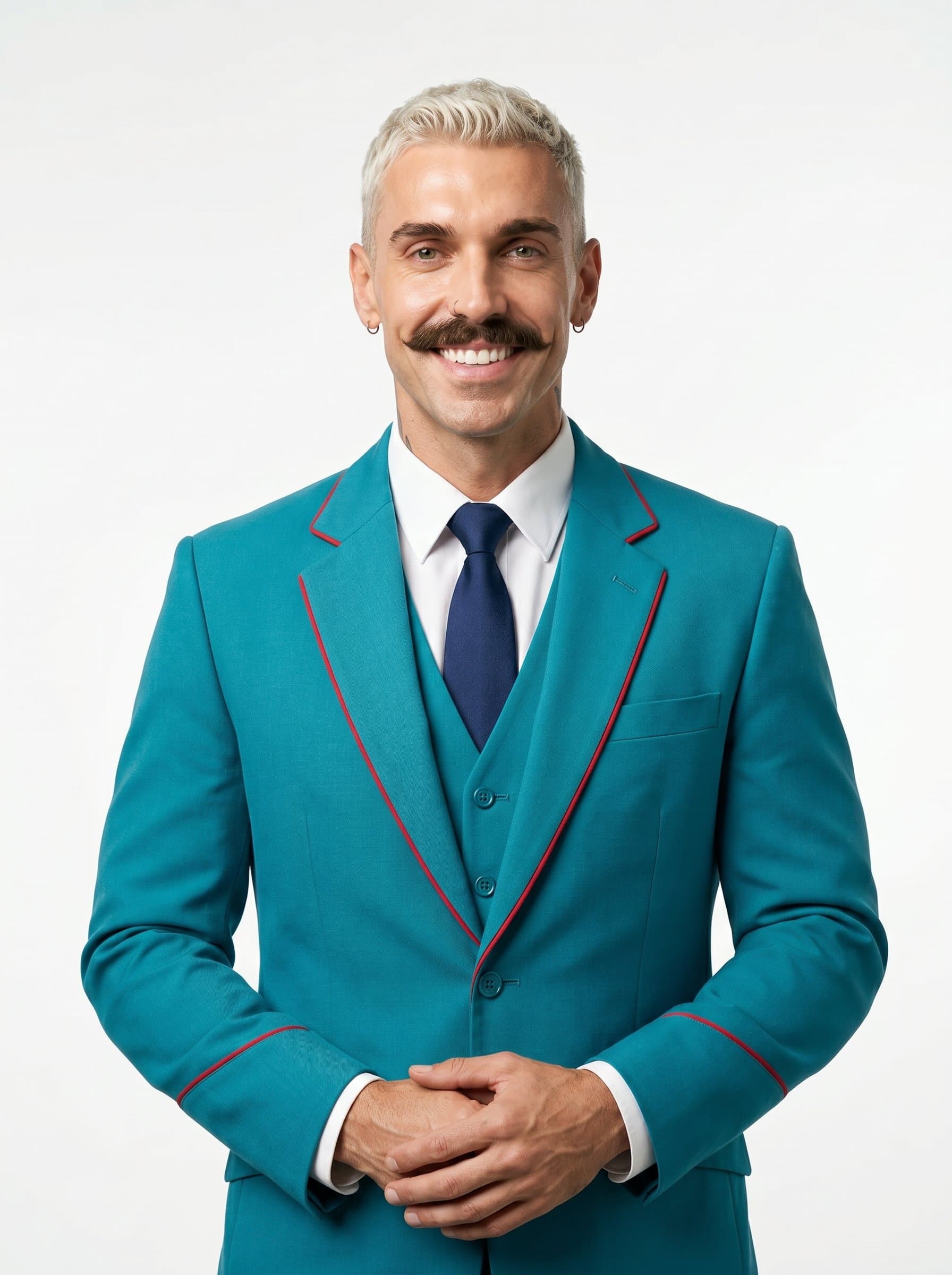 : A flight attendant in a vibrant uniform, smiling confidently, set against a plain white backdrop, with balanced lighting highlighting their inviting and polished appearance.