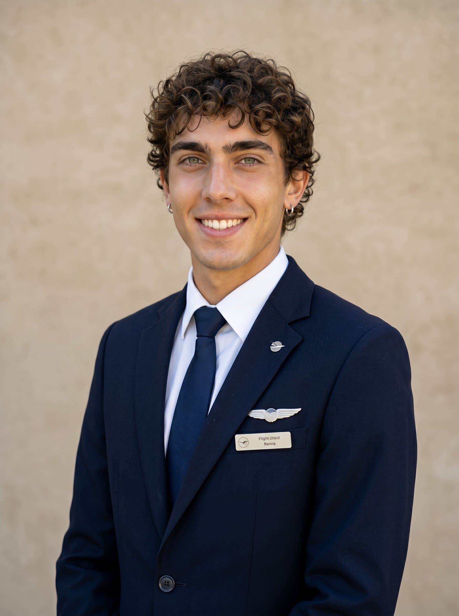 : A flight attendant in a smart, modern uniform, against a simple beige background, with natural lighting capturing their relaxed and welcoming expression.