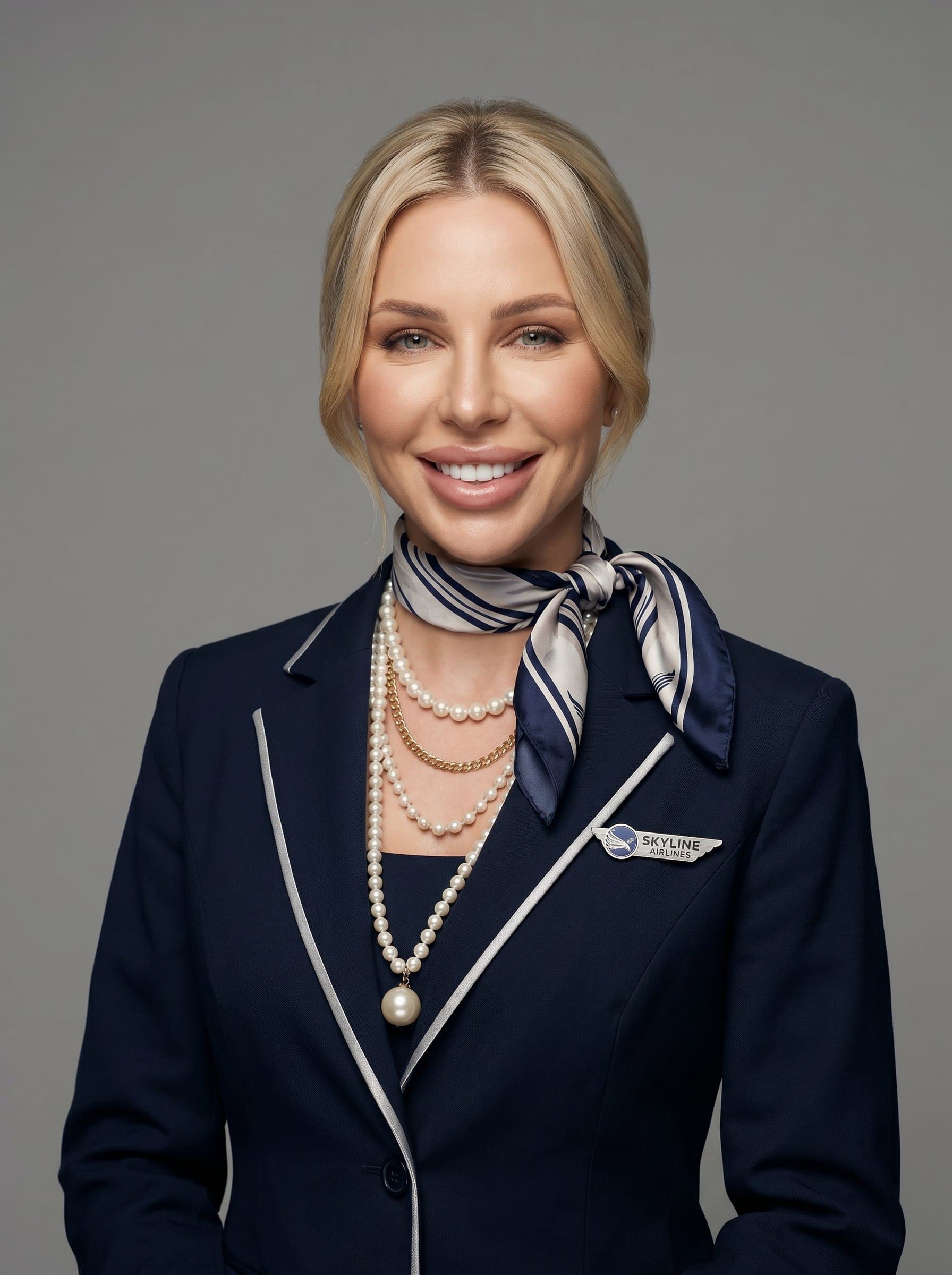 : Headshot of a flight attendant dressed in elegant uniform, positioned against a plain gray backdrop, with soft lighting accentuating their engaging smile and poised presence.