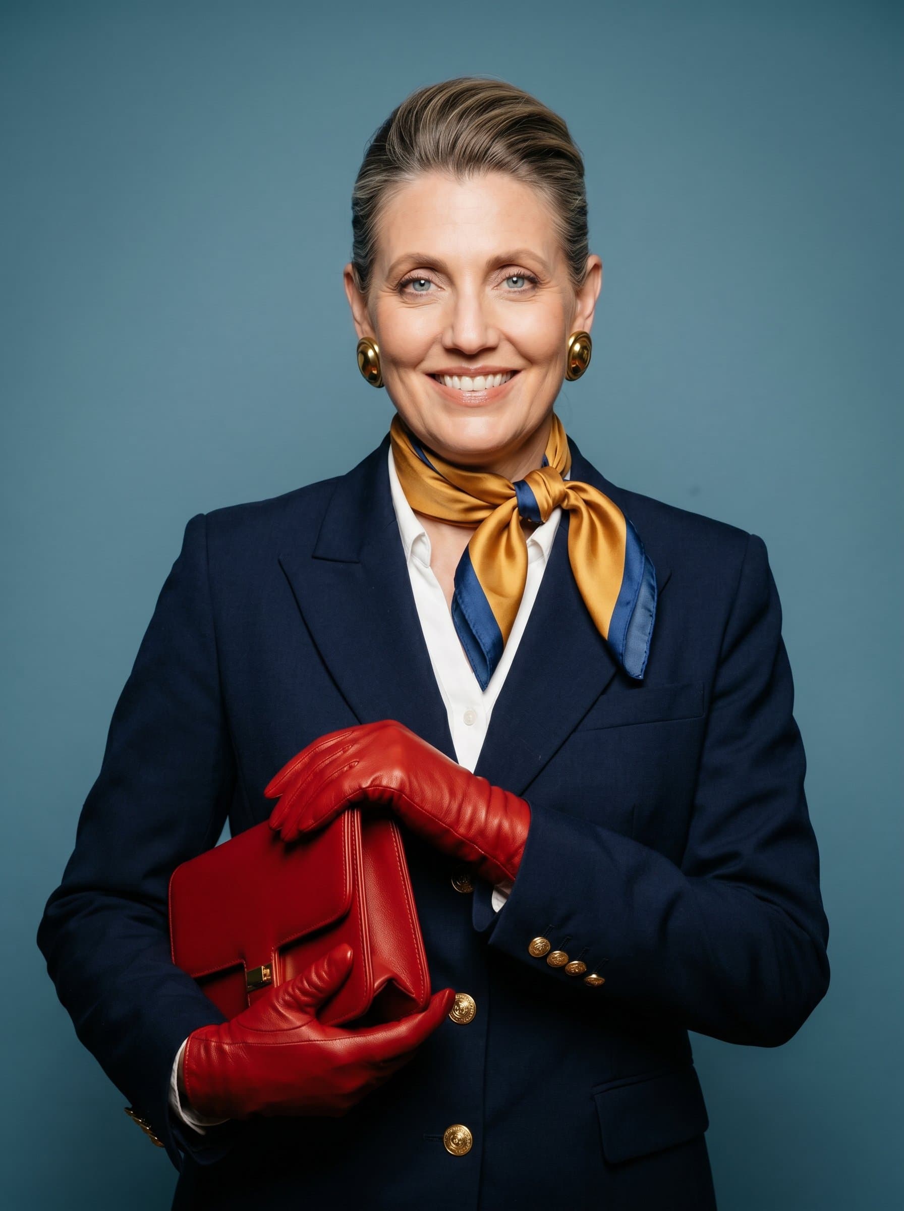 : Portrait of a flight attendant in a sophisticated airline uniform, set against a muted blue backdrop, with focused lighting emphasizing their confident smile.