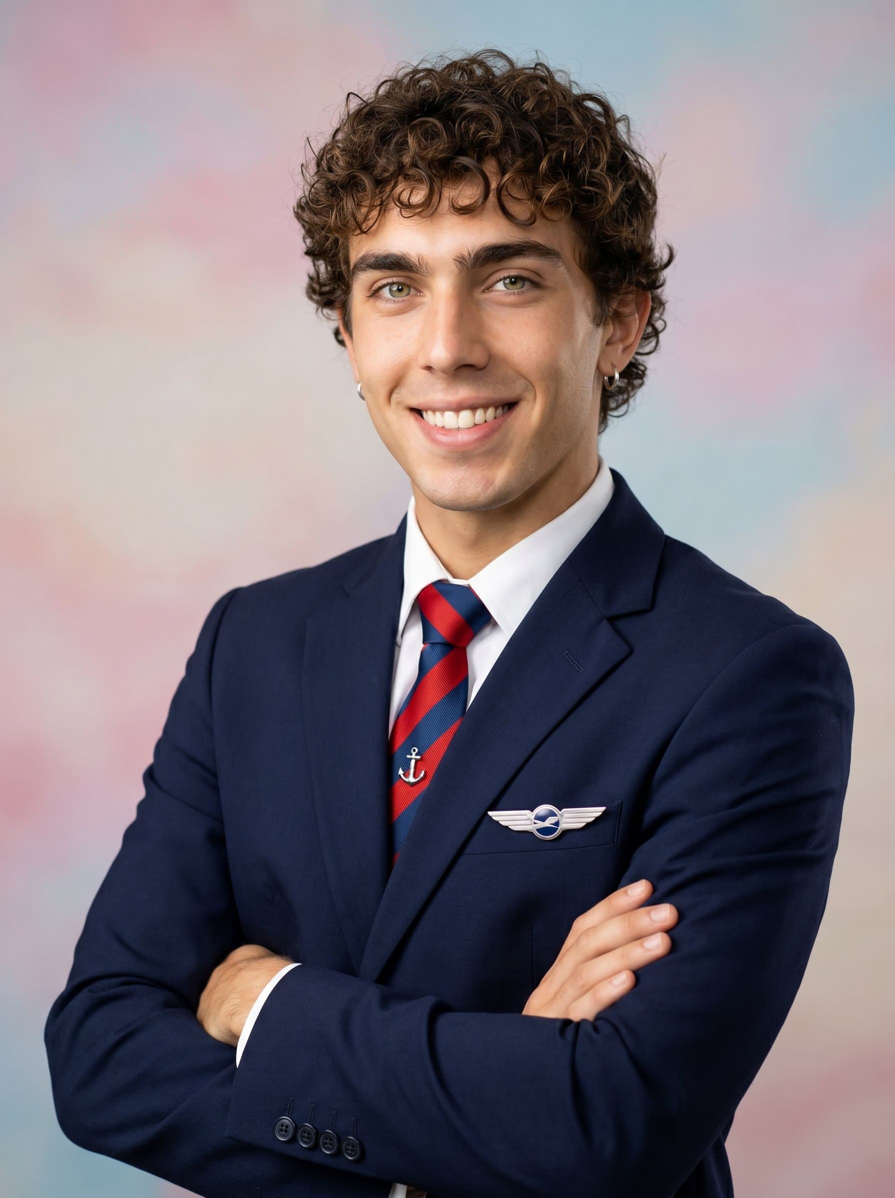 : A flight attendant in a classic uniform, smiling warmly, positioned against a soft pastel background, with even lighting capturing their friendly and confident expression.