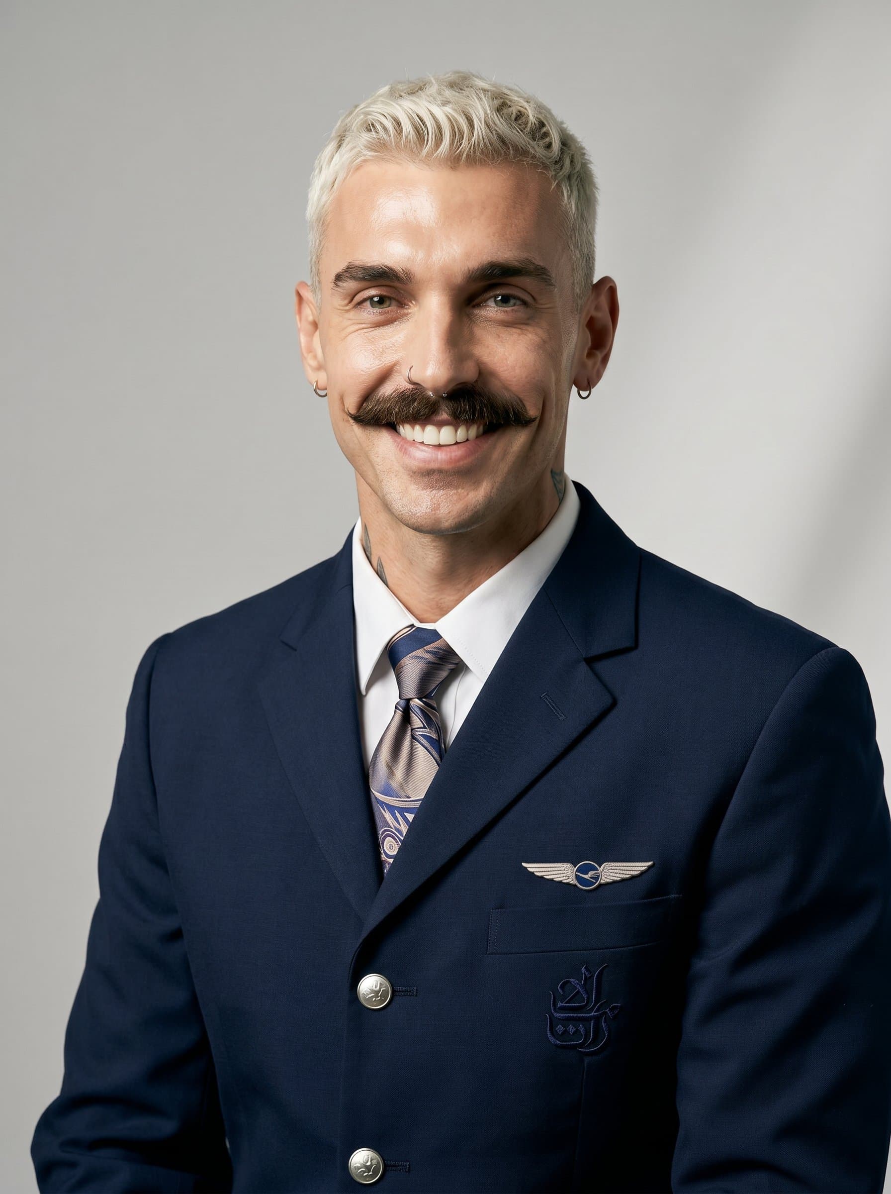 : Close-up of a flight attendant in a polished uniform, smiling against a neutral gray background, with gentle shadows enhancing their professional and approachable appearance.