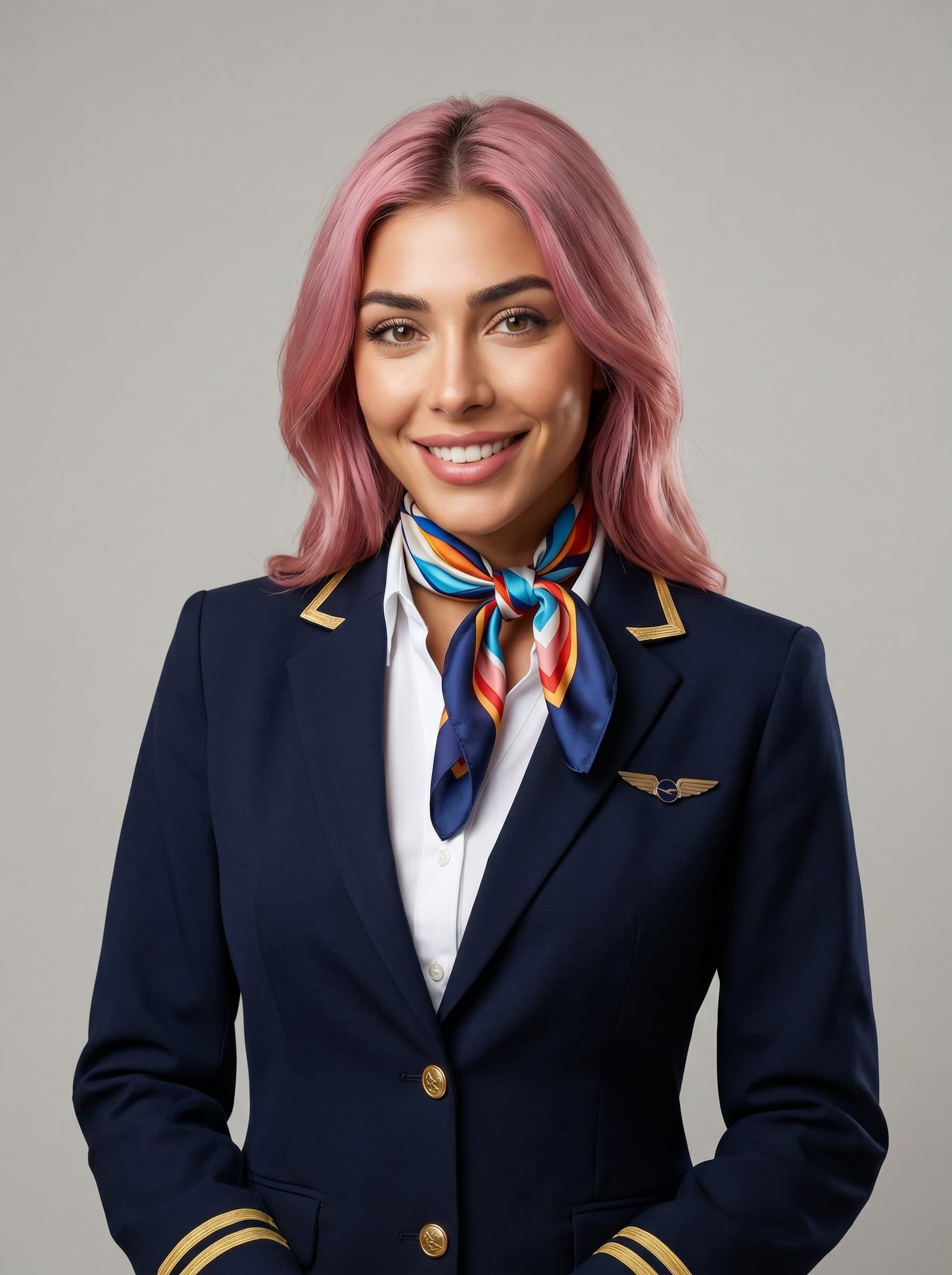 : Professional headshot of a flight attendant in a modern uniform, posed against a simple gray background, with delicate lighting capturing their engaging and confident expression.
