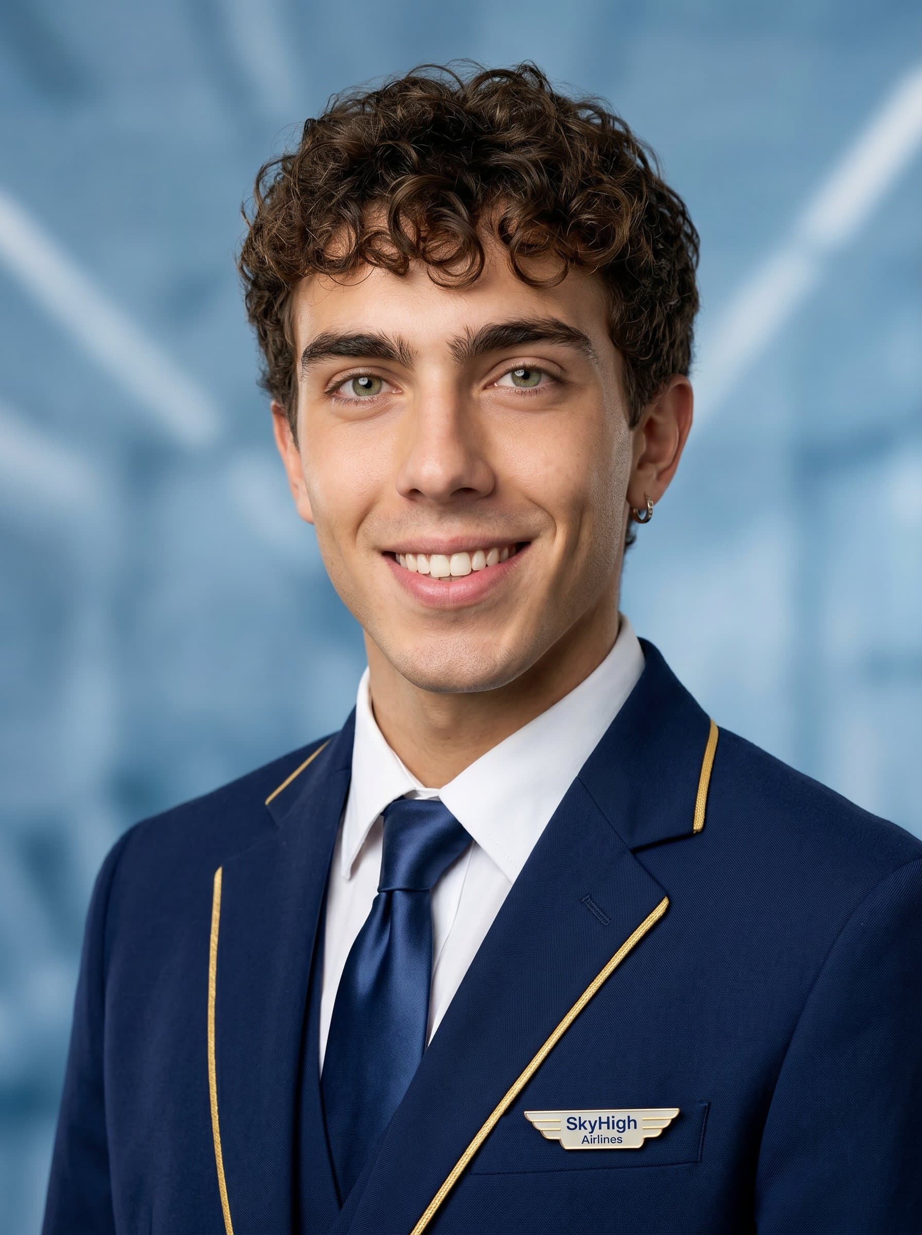 : Headshot of a flight attendant in a stylish airline outfit, set against a calming blue background, with subtle lighting showcasing their warm smile and polished presentation.