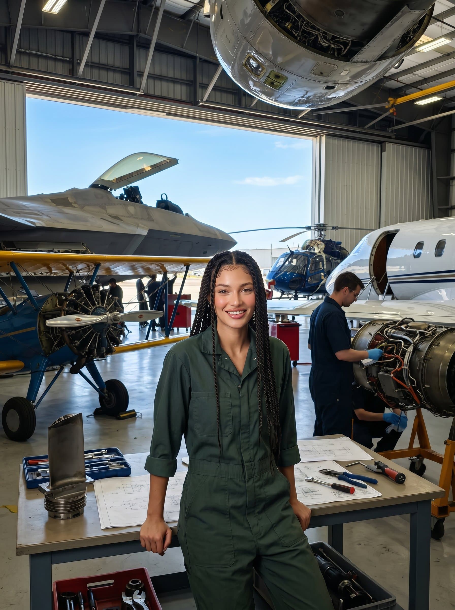 with a background of a hangar filled with various aircraft, highlighting versatility, skill, and adaptability, emphasized by the intricate details of the engineering marvels surrounding them.