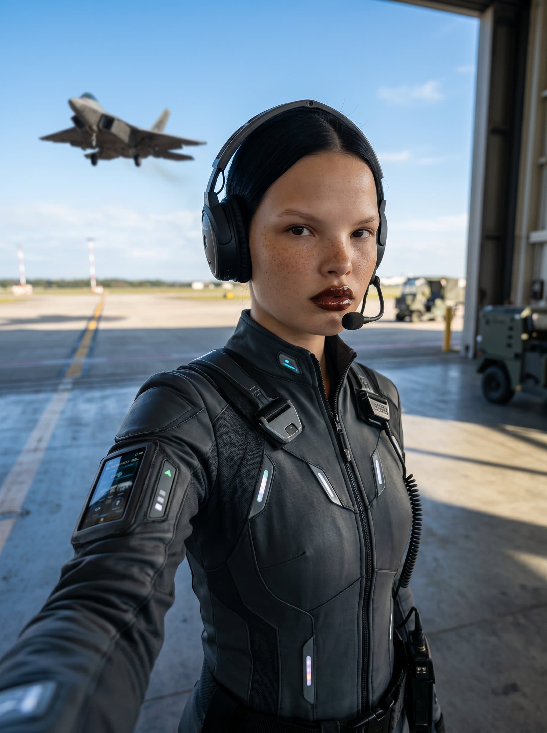 wearing sleek, modern pilot gear, interlaced with advanced communication devices, hinting at cutting-edge technology, while the distant silhouette of a jet takes flight in the background.