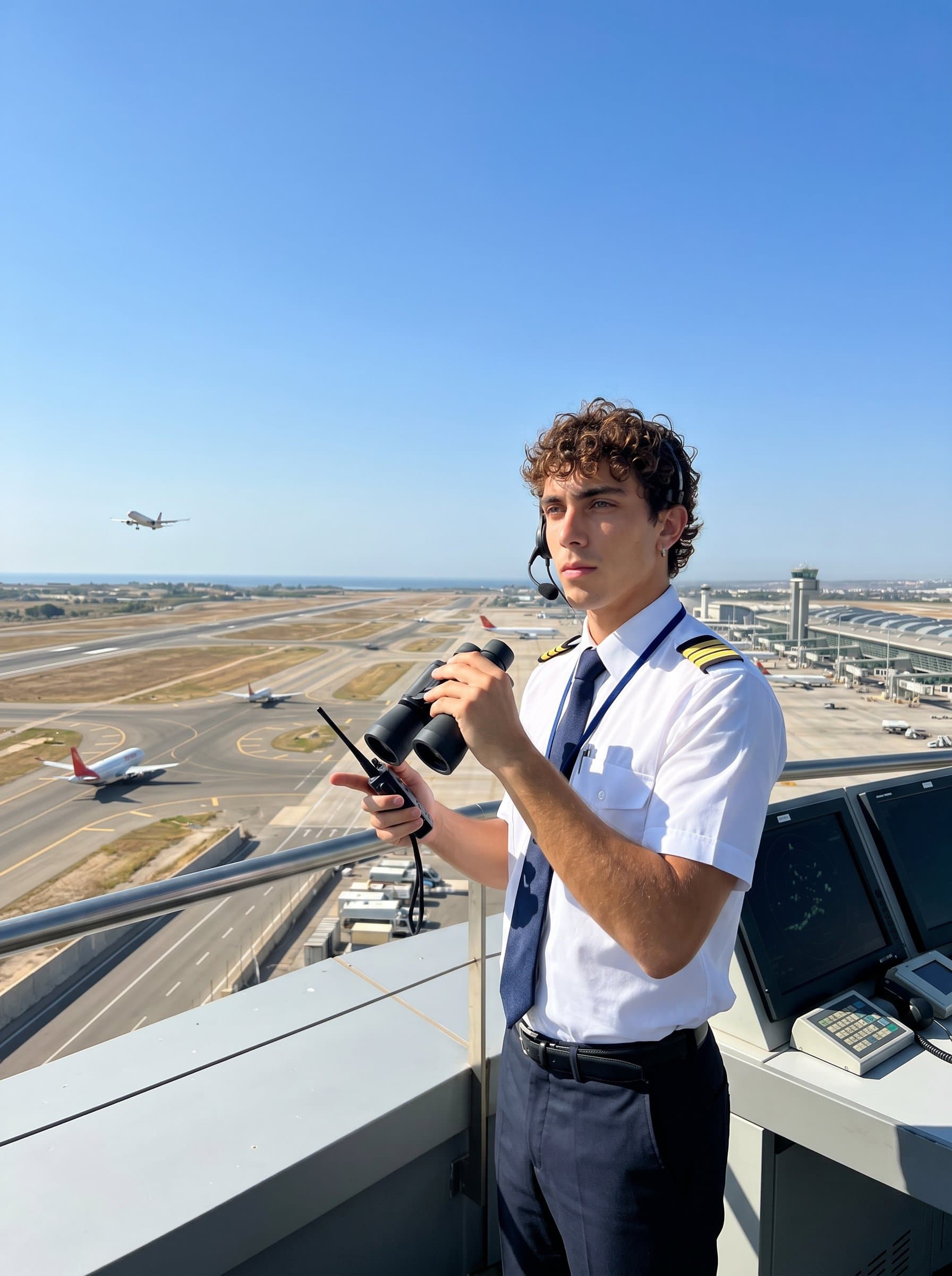 standing atop an airport control tower with panoramic runway vistas, embodying a commanding view and sense of responsibility, ready to navigate the complex skies with confidence.