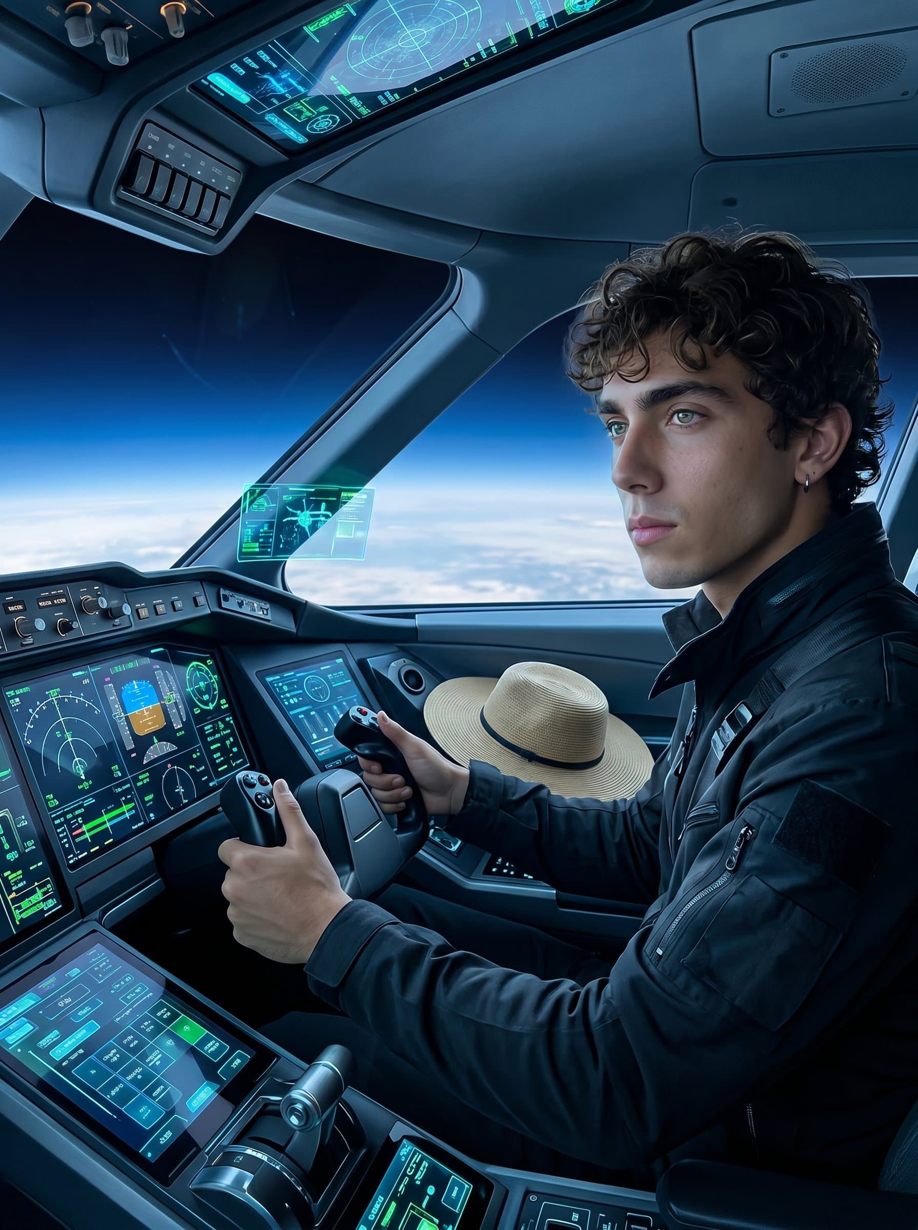 in the cockpit of a futuristic aircraft design, showcasing a mix of real-world and conceptual aviation technology, bathed in ambient cockpit lighting, suggesting vision and forward-thinking.