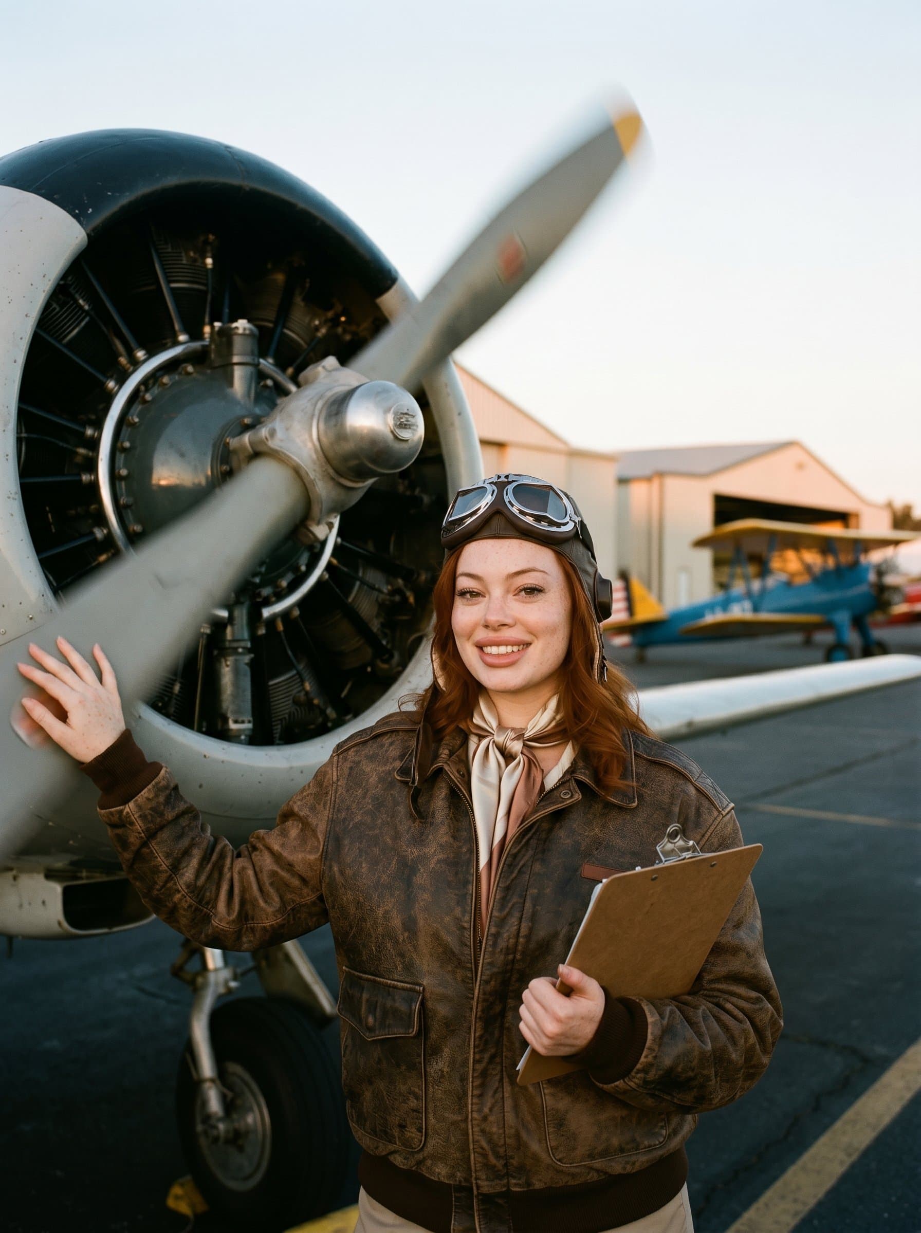 in classic aviator attire, complete with vintage leather jacket and cap, posing beside a roaring propeller plane, reminiscent of early aviation pioneers, blending historical essence with modern professionalism.