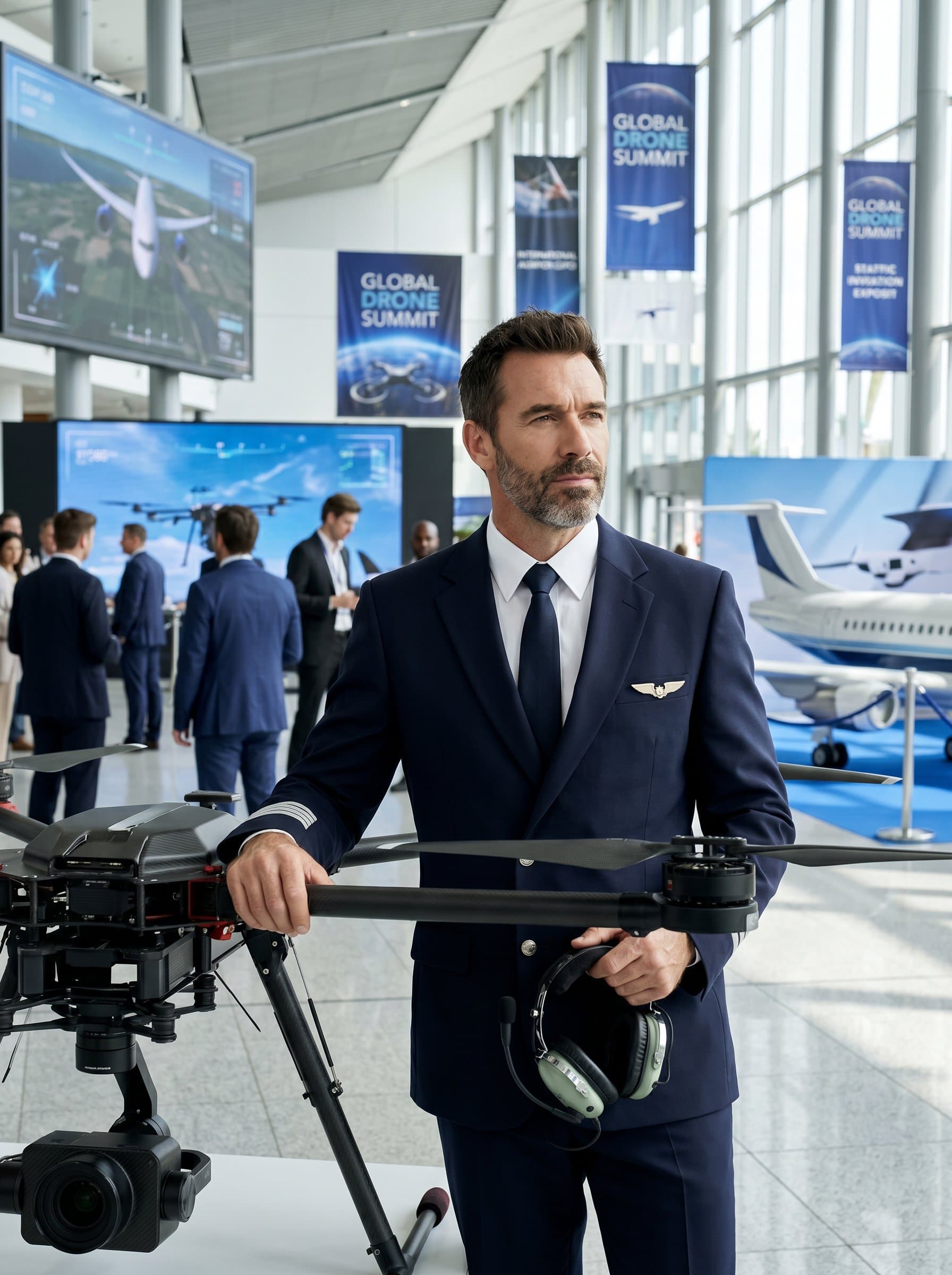 in an international aviation expo setting, poised beside the latest drone technology, blending traditional pilot skills with emerging trends, a forward-looking gaze.