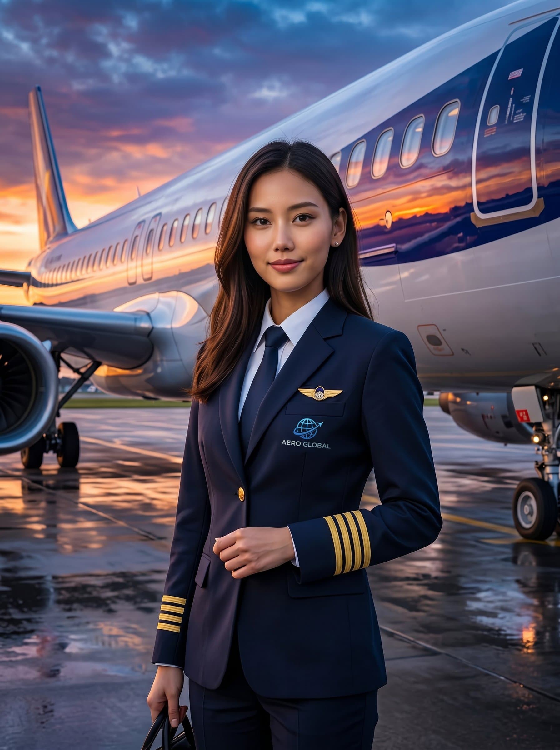 in a pilot uniform with a modern airline logo, standing confidently in front of a gleaming commercial jet, sunset sky reflected in the aircraft's windows, showcasing determination and expertise.