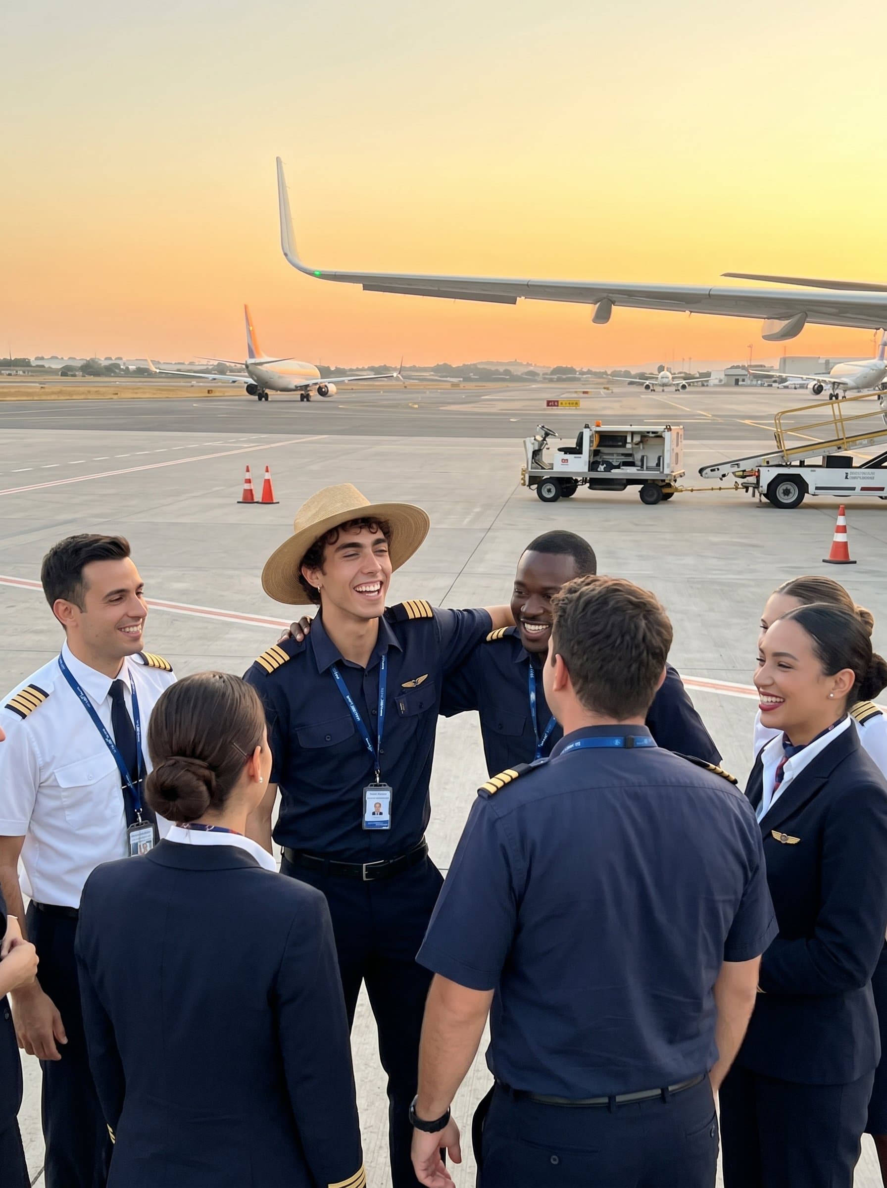 in a candid moment, laughing with fellow crew members on a runway, an informal yet professional ambiance, capturing teamwork and camaraderie against the backdrop of a setting sun.