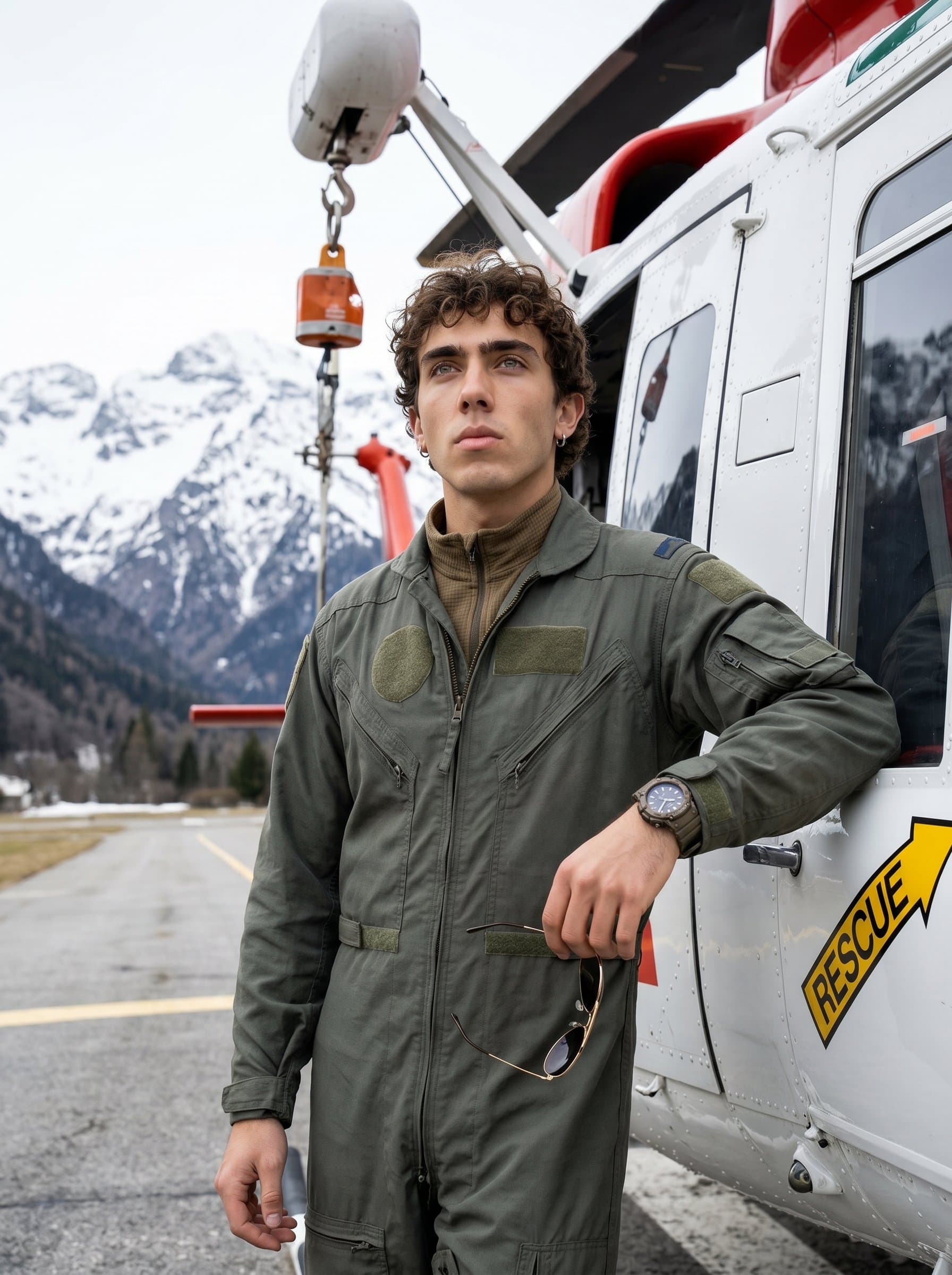 posing alongside a helicopter, on an airfield surrounded by mountains, representing versatility and adaptability to diverse flying conditions, with a skyward look of determination.