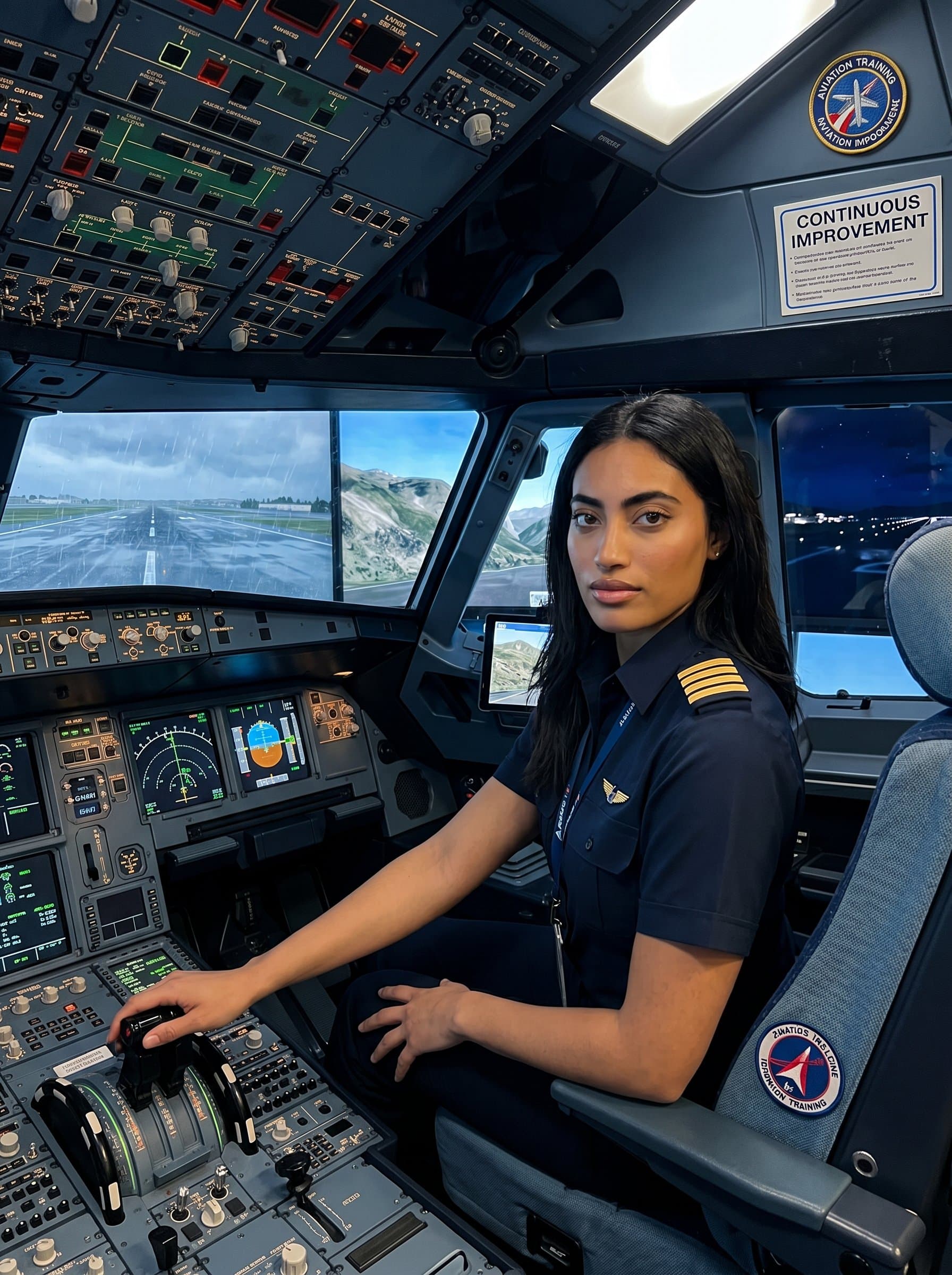 photographed within a simulator room filled with virtual realities of flight scenarios, reflecting a commitment to training and continuous improvement, sharp focus visible in their eyes.