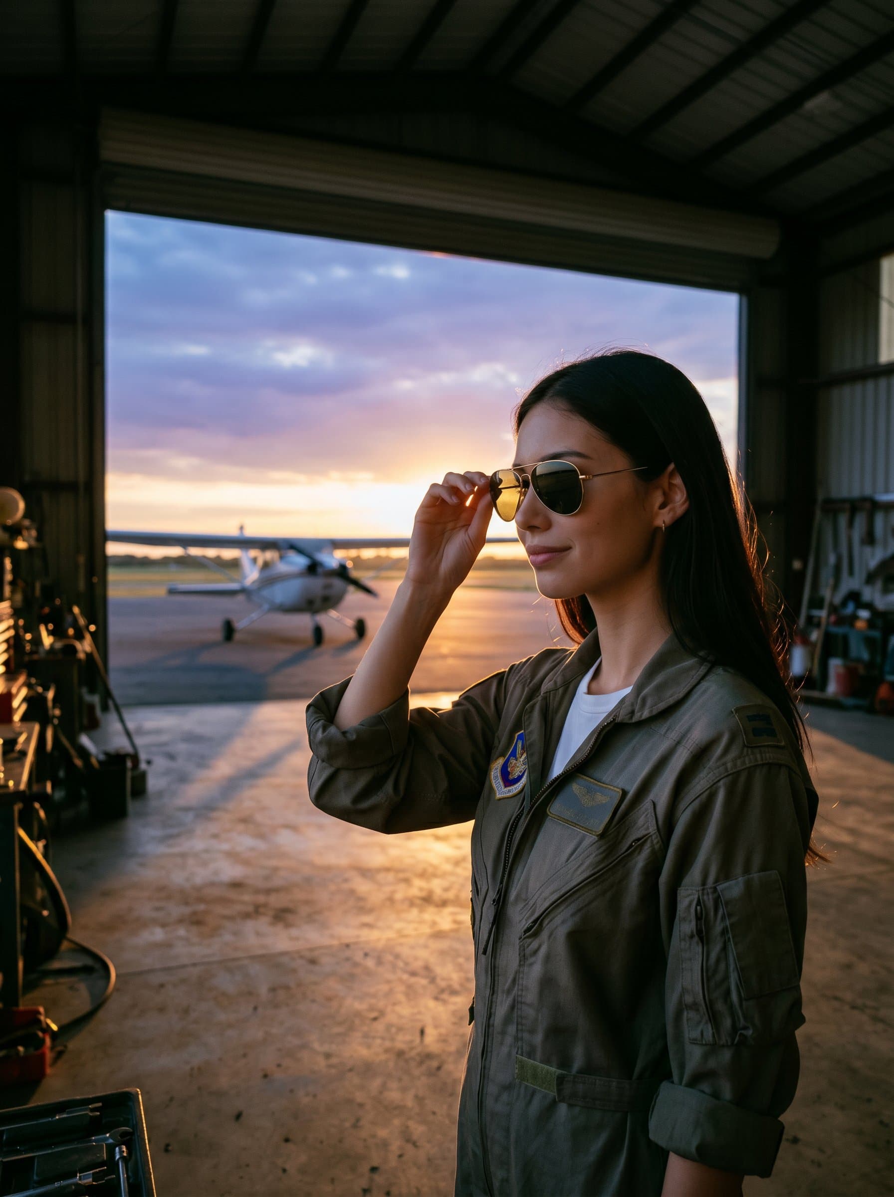 amidst a sunset hangar, slipping on aviator sunglasses, symbolizing the transition from work to reflection, the soft glow of twilight emphasizing hope and ambition.