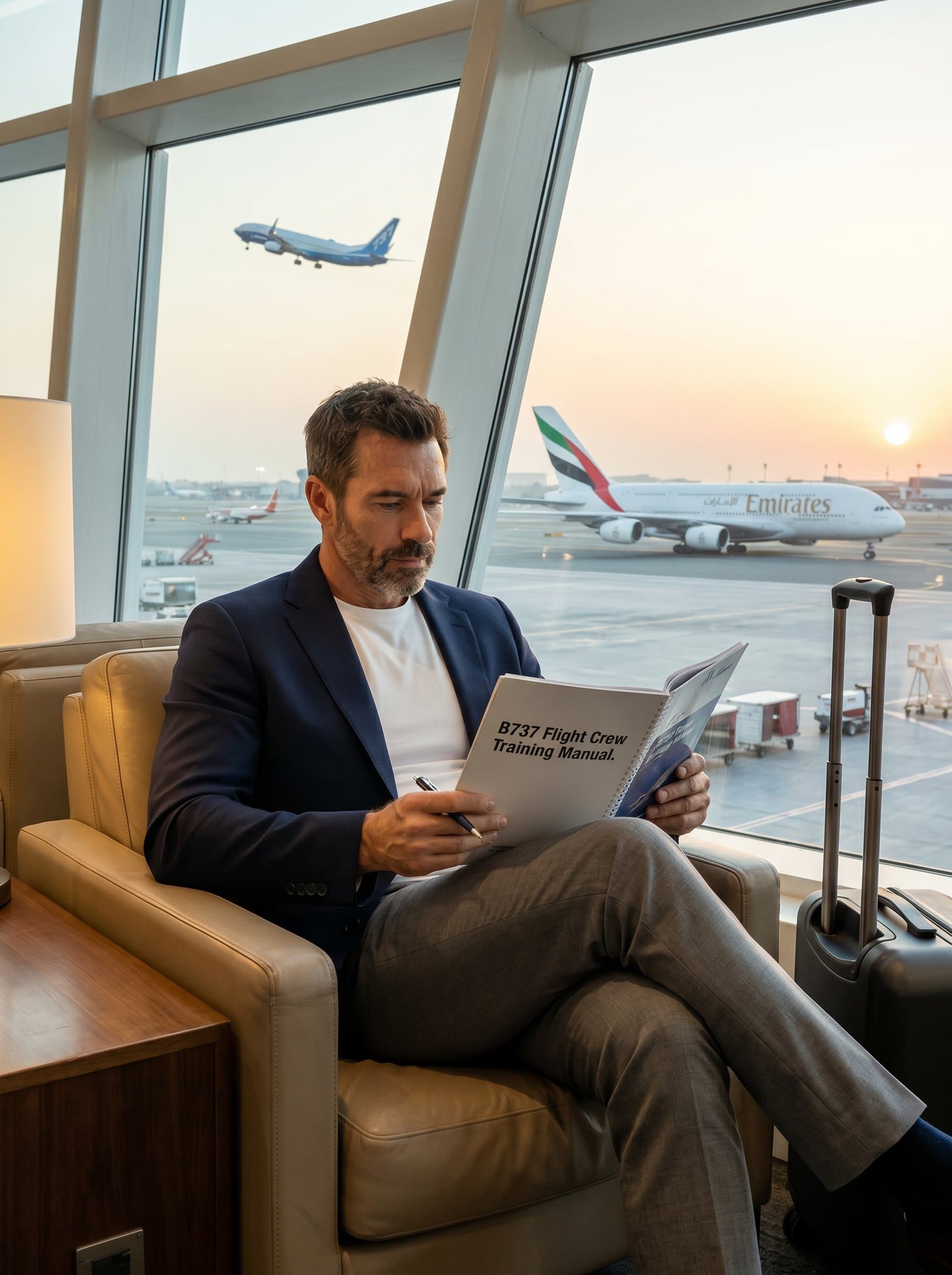 in a tranquil airport lounge, with sweeping views of planes taking off and landing, reading a flight manual, embodying continuous learning amidst a dynamic environment.