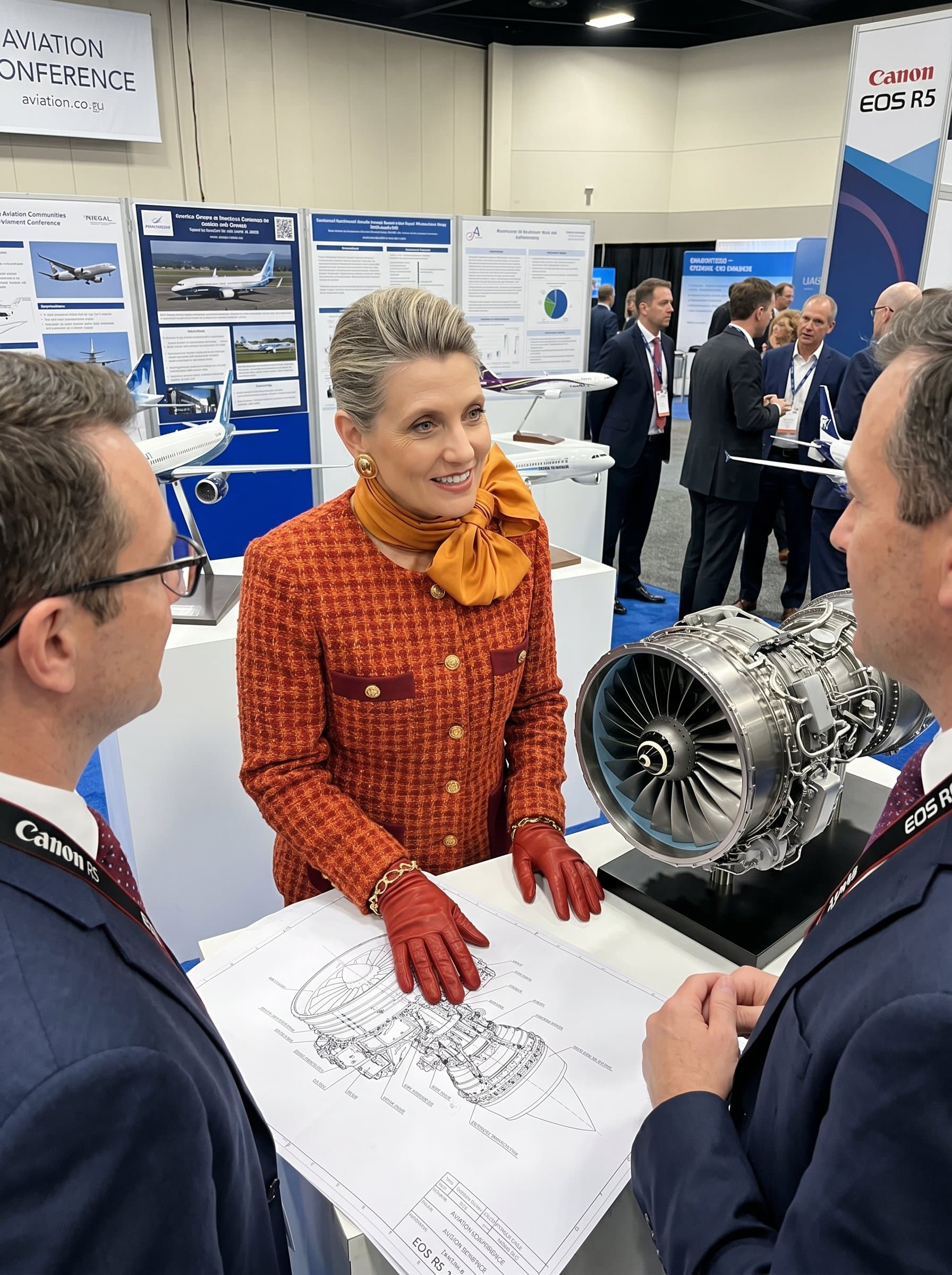 at an aviation-themed conference, surrounded by models and blueprints of aircraft, reflecting a blend of theoretical knowledge and practical expertise, dressed in business attire.
