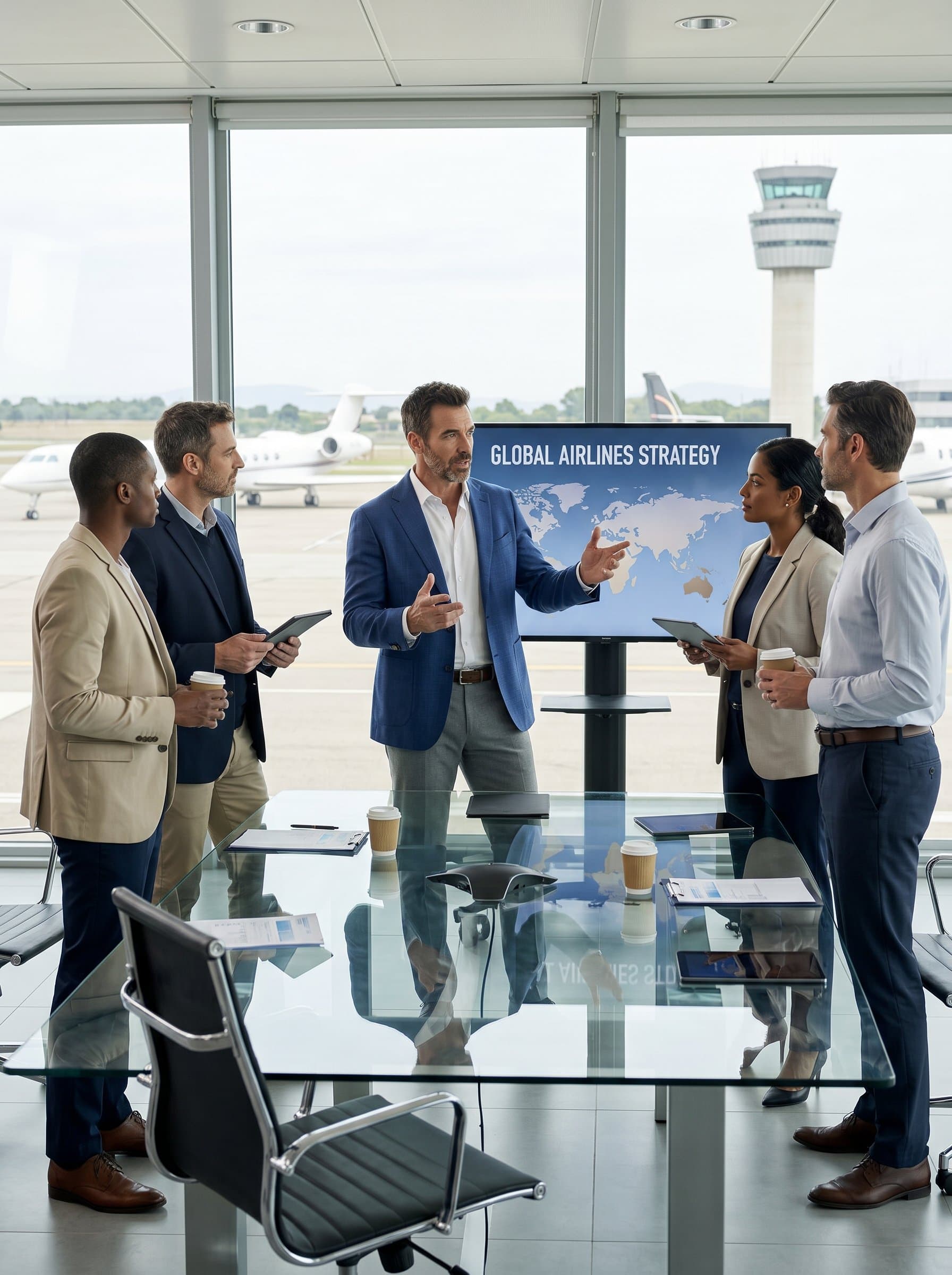 in business casual attire, engaged in a discussion with aviation executives in a modern conference room, reflecting leadership and strategic planning within the aviation sector.
