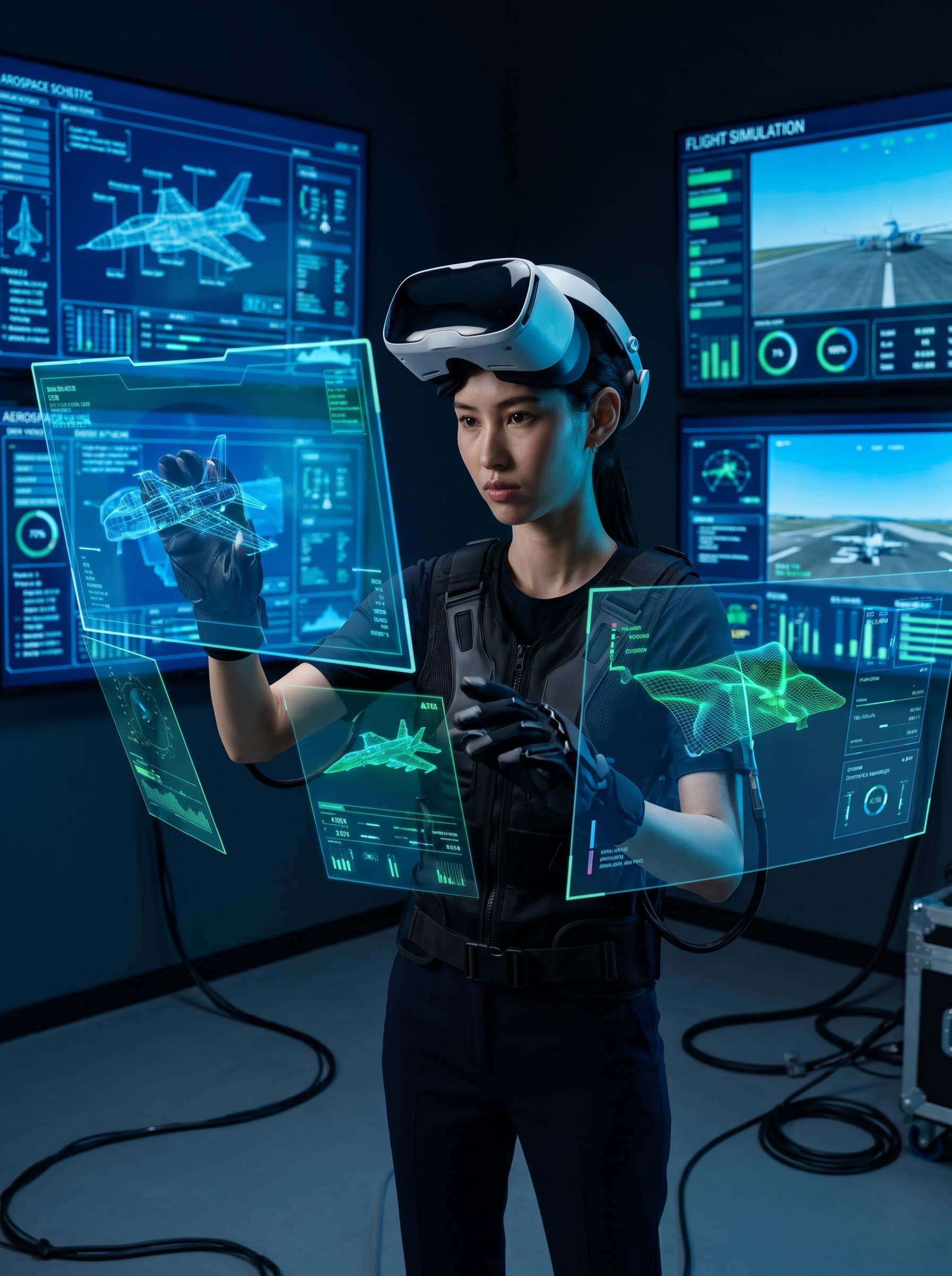 in a high-tech virtual reality training session, interacting with advanced interfaces, showcasing adaptability and readiness for the future of aviation, illuminated by the glow of digital screens.