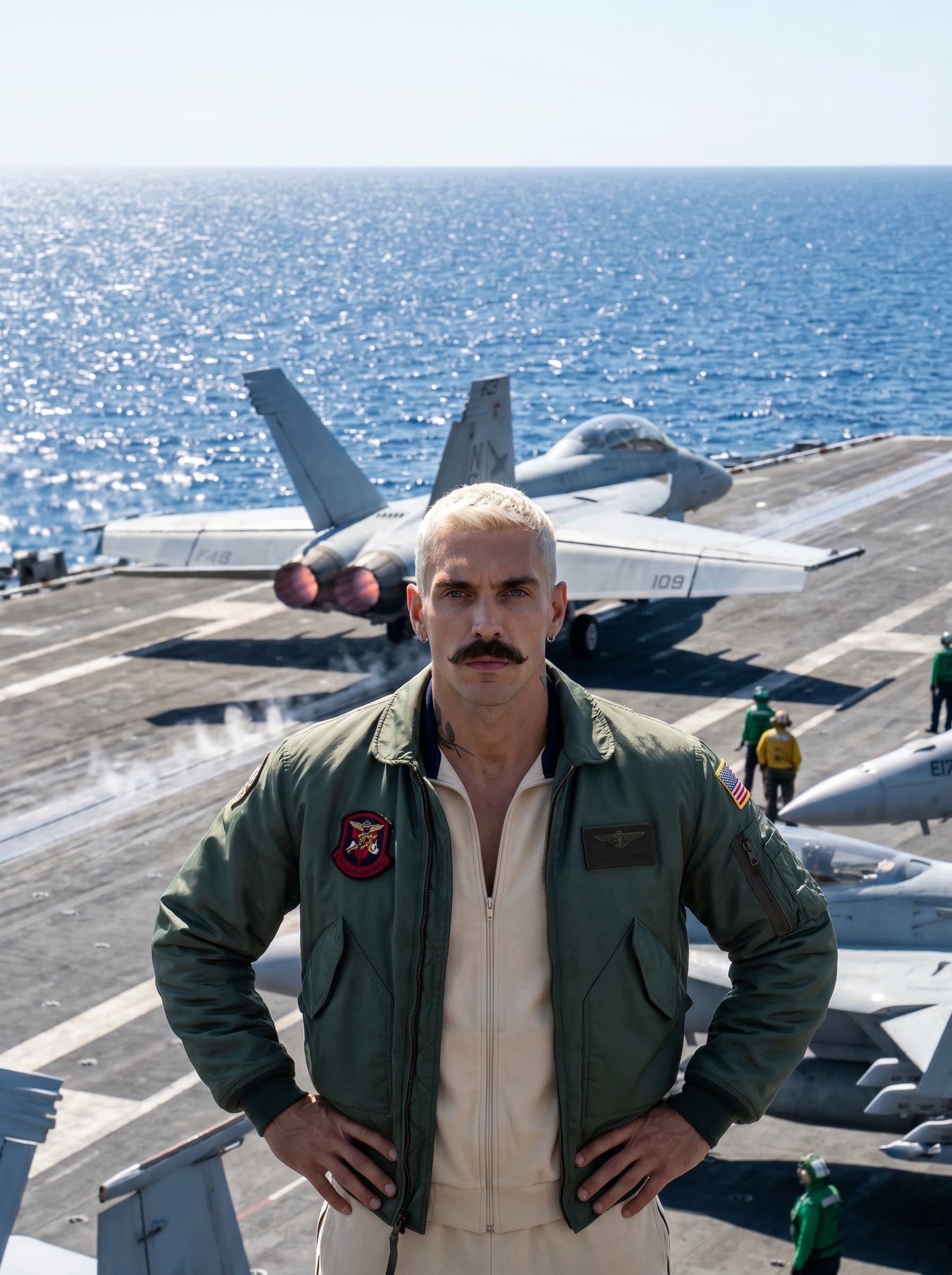 standing on an aircraft carrier deck, powerful jet poised for takeoff behind, expressions of readiness and strength prevailing amidst the expansive ocean backdrop.
