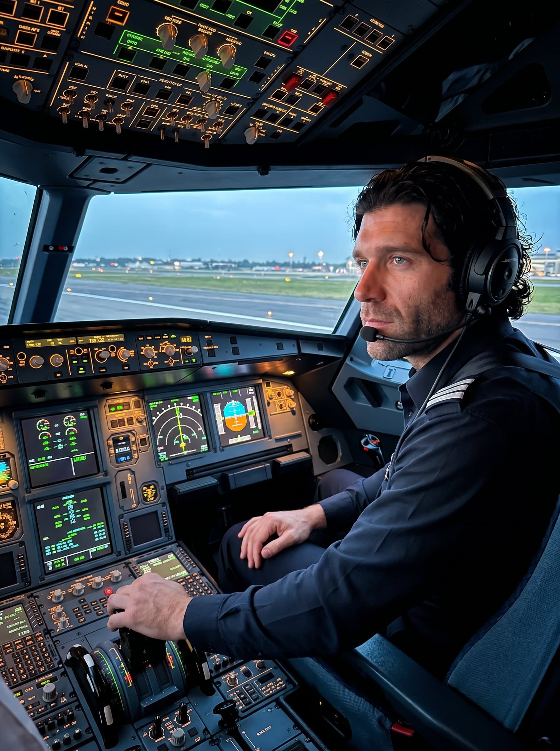 seated in a state-of-the-art cockpit, hands gently resting on the control panel, ambient glow of digital displays casting a soft light, conveying focus and readiness for takeoff.