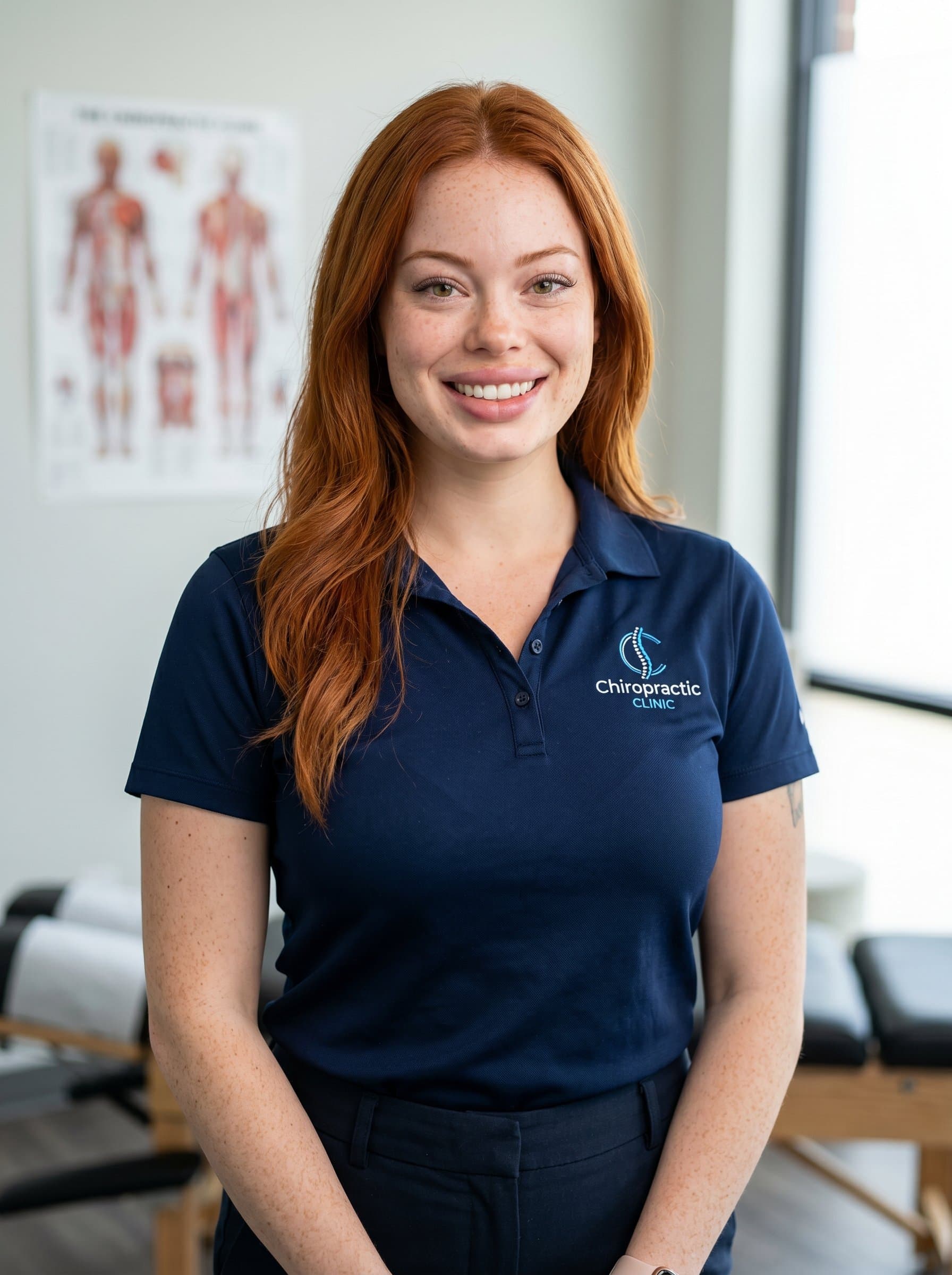 : Against a softly blurred office backdrop, the chiropractor, in a neatly pressed polo and slacks, offers a sincere, friendly smile and a confident posture, creating an atmosphere of trust and expertise.