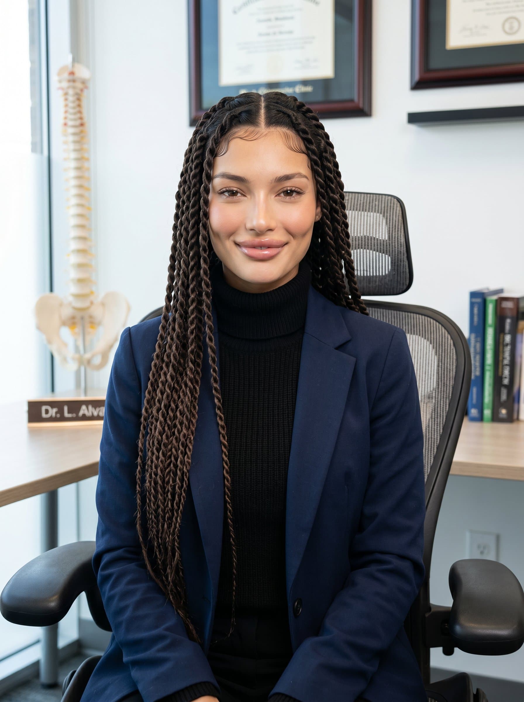 : Seated in an ergonomic office chair, the chiropractor, dressed in a chic turtle-neck and blazer, exudes professionalism and approachability, with a gentle grin and a sincere, engaging gaze.