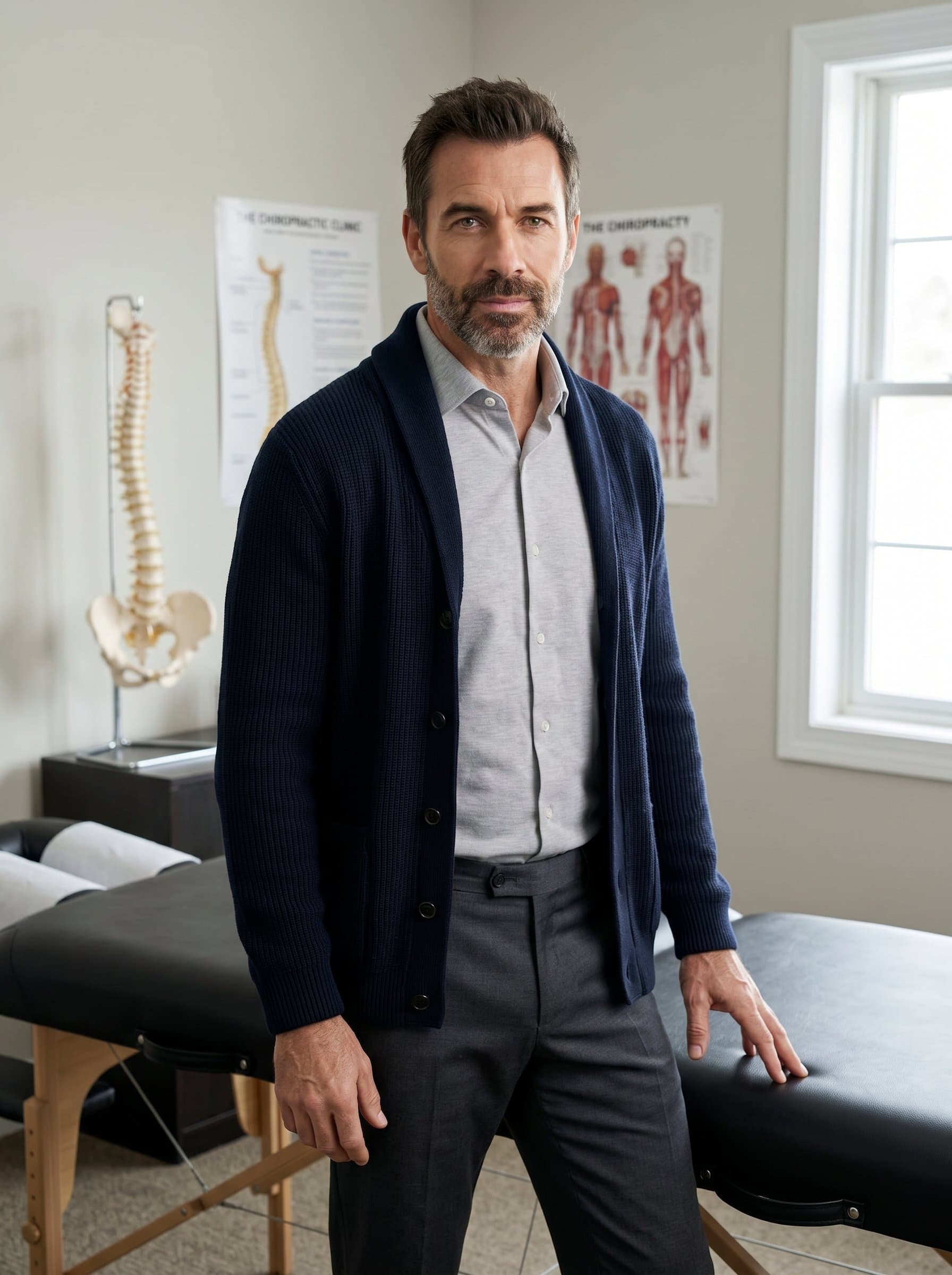 : The chiropractor, in a casual yet elegant cardigan and dress pants, stands beside a massage table, with a thoughtful expression and a direct, reassuring eye contact, in a well-lit, professional environment.