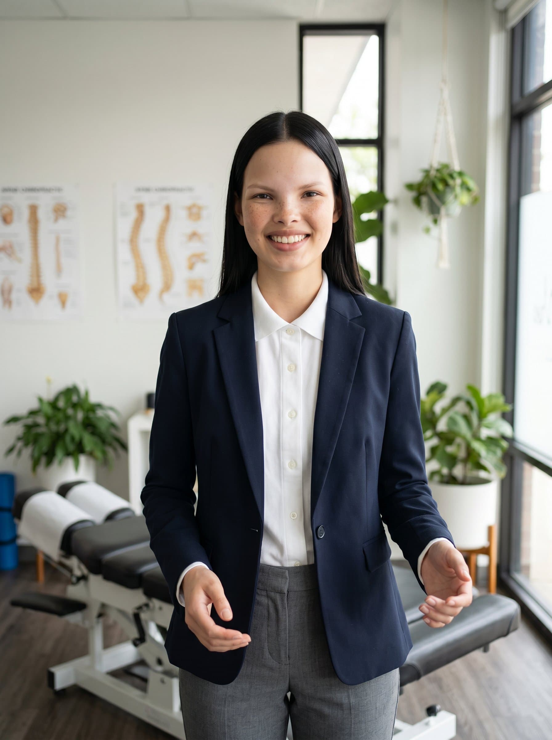 : A chiropractor stands confidently in a modern office, wearing a crisp, tailored blazer over a light shirt, exuding professionalism and warmth, with a gentle smile and a welcoming gaze in the lens.