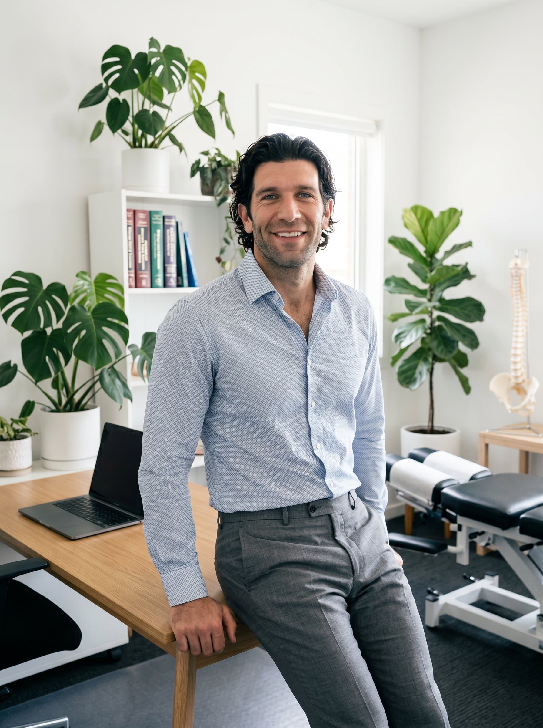 : In a minimalist office adorned with plants, the chiropractor, wearing a stylish button-down shirt and trousers, leans casually against a desk, projecting confidence and warmth with an inviting smile.