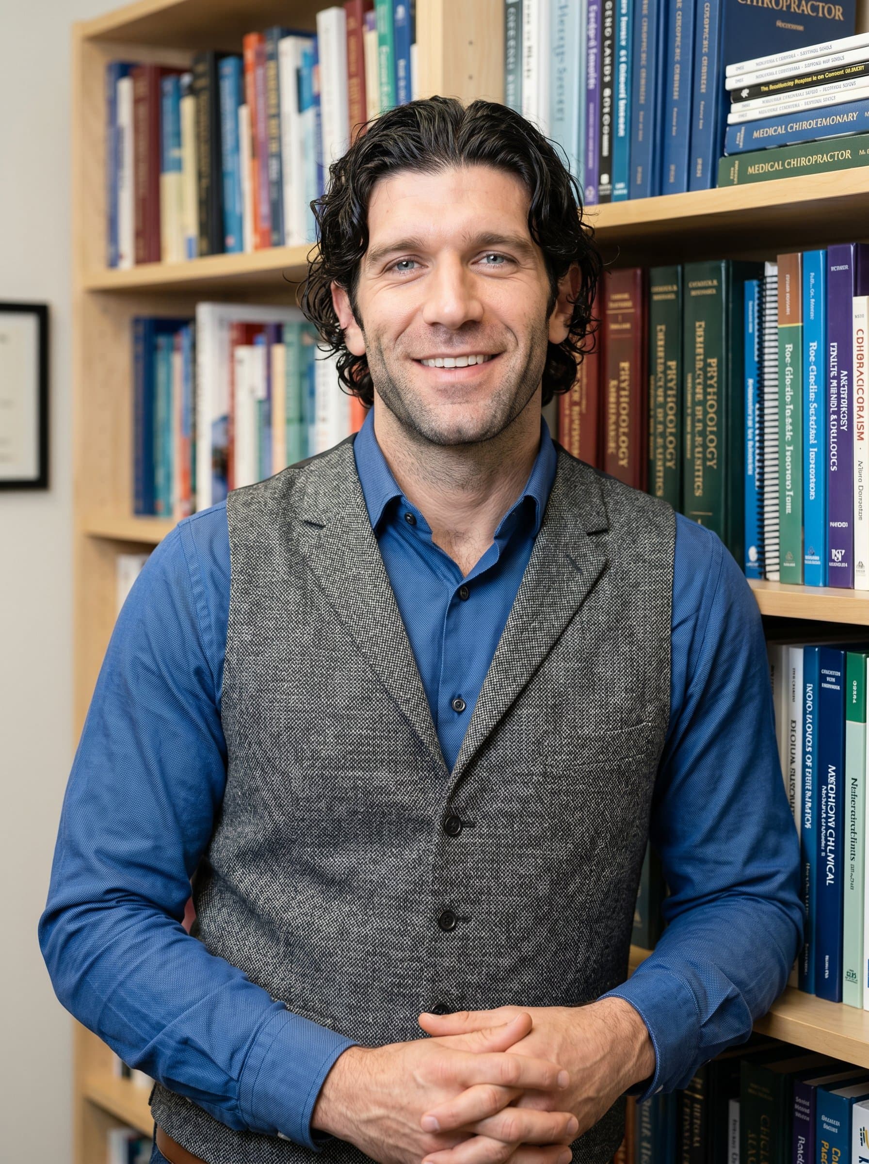 : Against the backdrop of a bookshelf, the chiropractor, in a casual yet polished vest and shirt combo, captures attention with a warm, confident smile and direct eye contact, inviting collaboration and care.