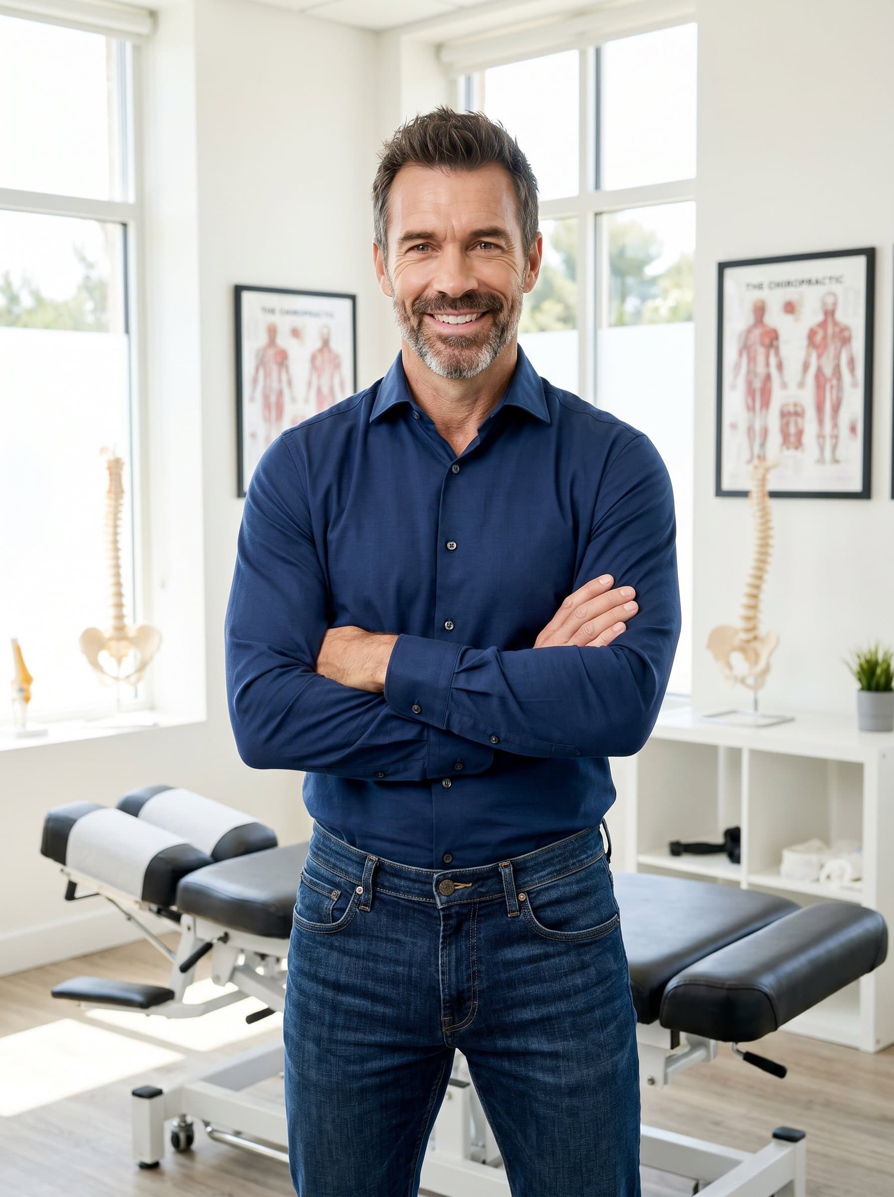 : A chiropractor stands with arms crossed in a vibrant, sunlit clinic, donning a sleek, tailored shirt and jeans, exuding a modern professional charm with an open, friendly expression.