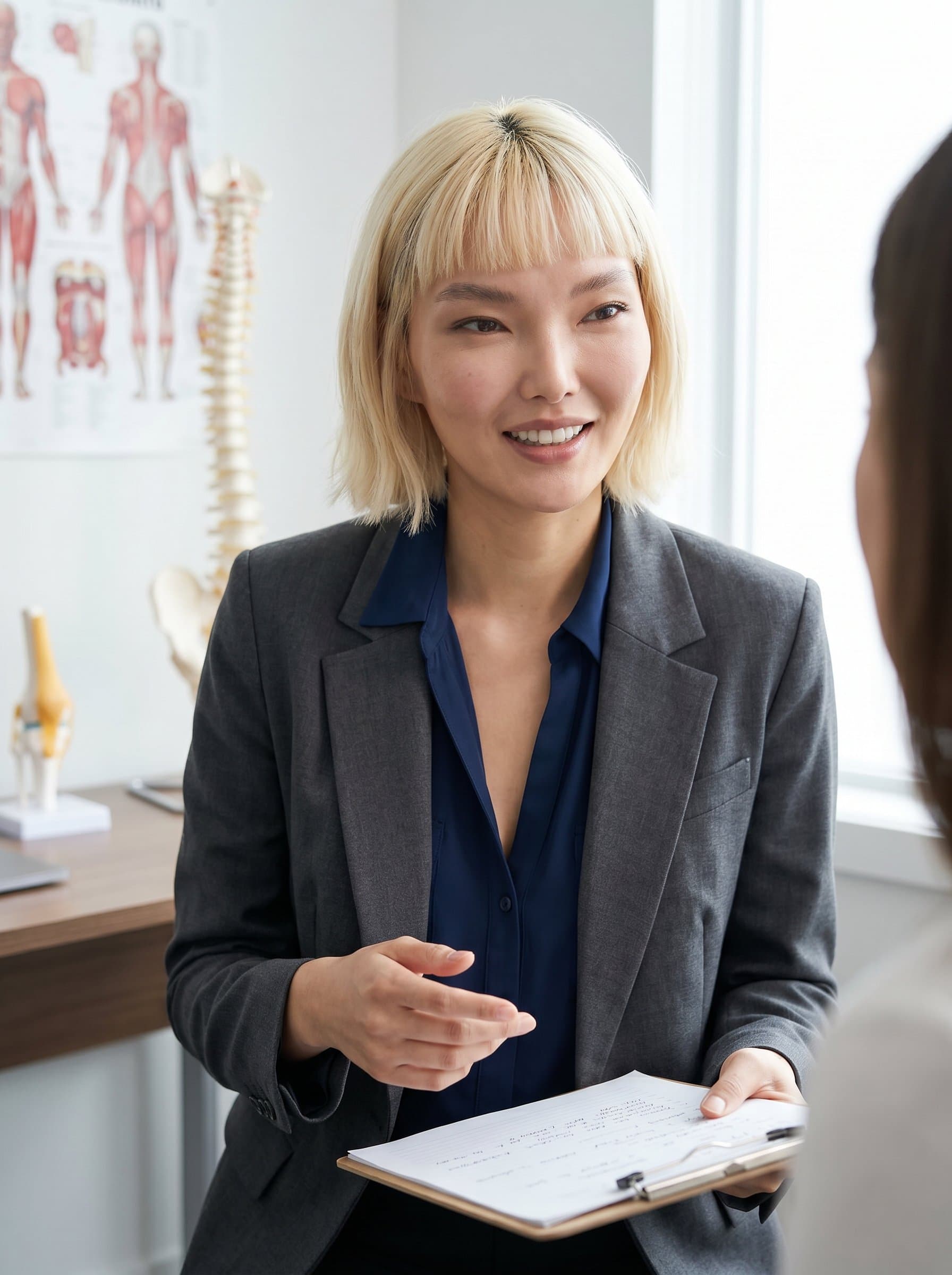 : Captured mid-conversation in a consultation room, the chiropractor, wearing a contemporary blazer and open-collar shirt, displays a friendly, attentive demeanor with a warm smile and focused, engaging eyes.