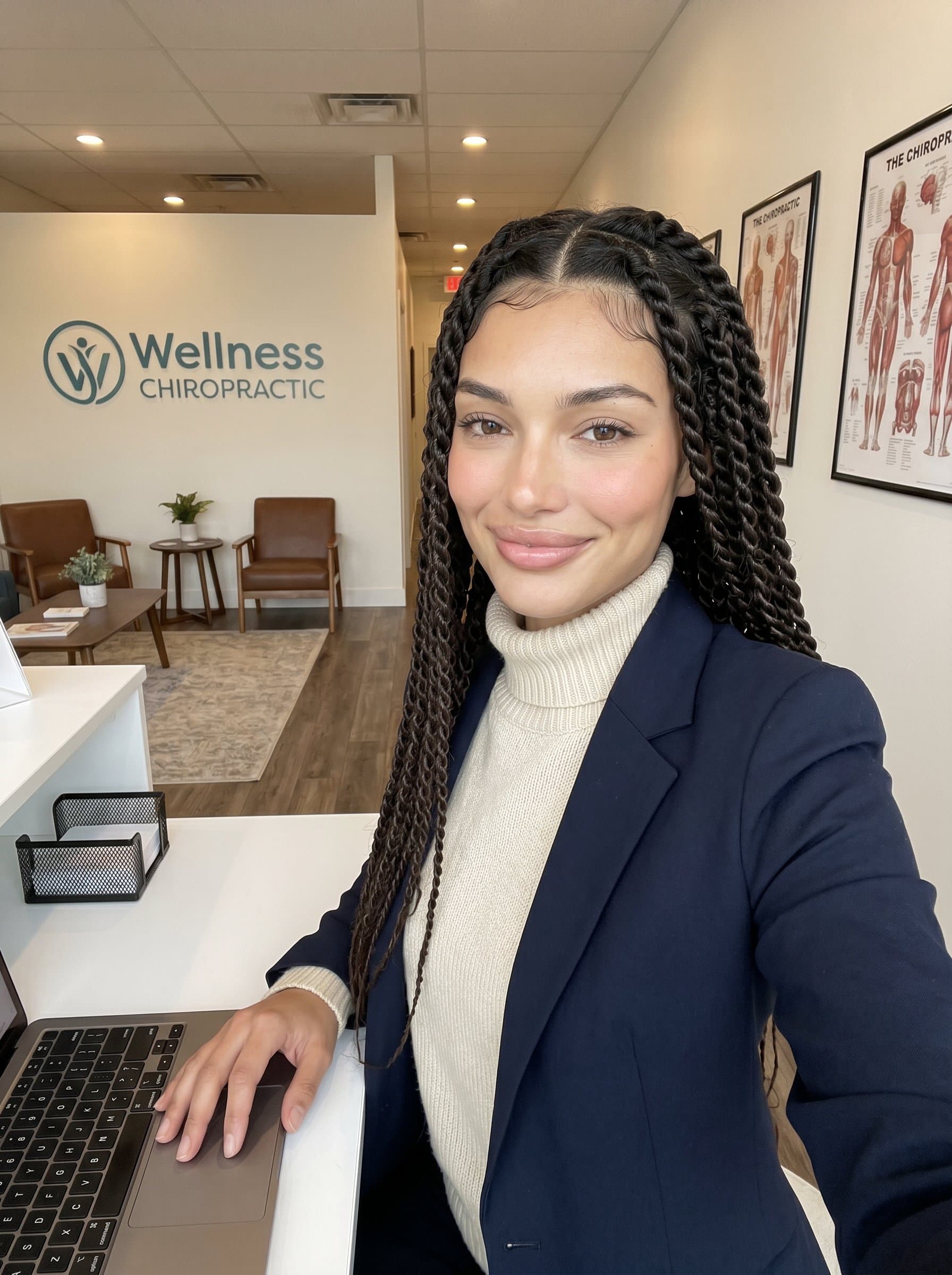 : A chiropractor stands at a reception desk, wearing a relaxed blazer and turtleneck, projecting intelligence and empathy, with a warm smile and a focused yet inviting glance into the camera.