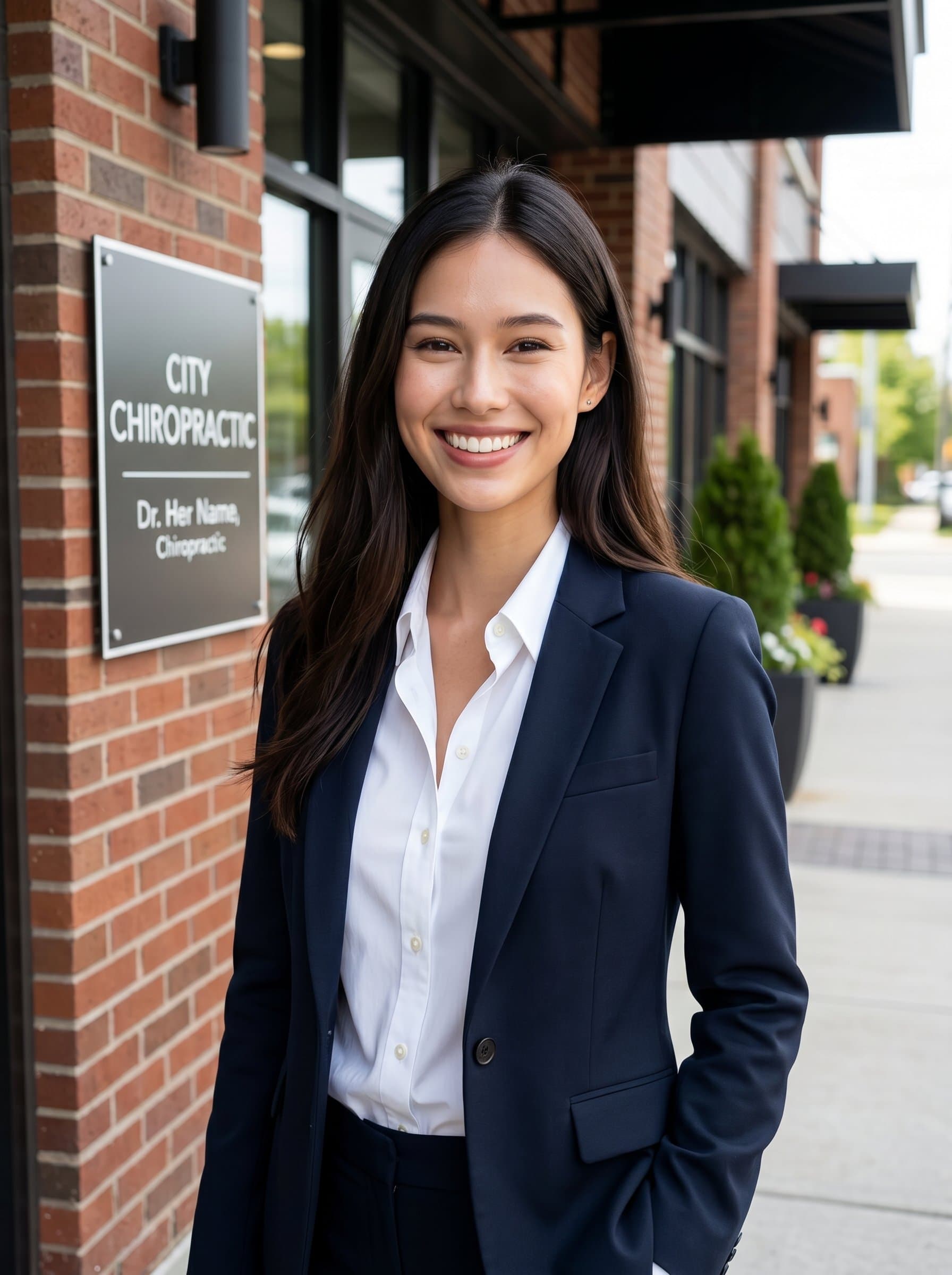 : A chiropractor poses outdoors near a clinic entrance, with a smart jacket and unbuttoned collar shirt, offering a relaxed yet professional demeanor, smiling warmly, as natural light highlights the sincerity in their eyes.