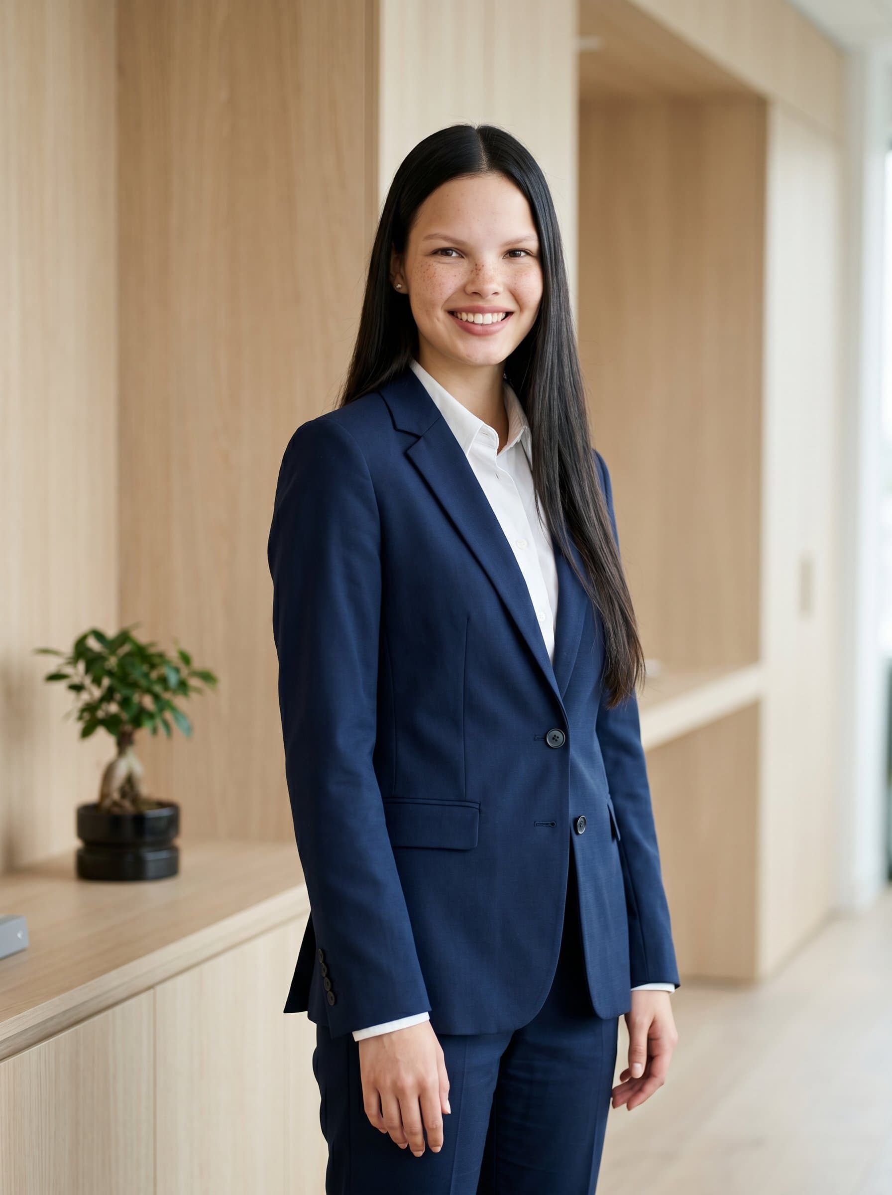 : The chiropractor stands before a clean, elegant wall, wearing a neatly pressed casual suit, exuding a professional yet approachable aura with a genuine, heartfelt smile and direct eye contact.