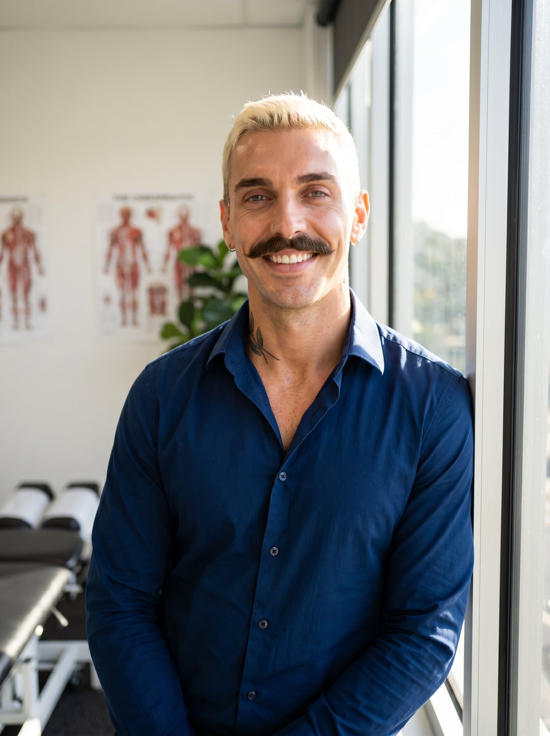 : Against the backdrop of a window with natural light streaming in, the chiropractor, in a sharp, open-necked shirt, projects confidence and warmth with a relaxed posture and a sincere look.