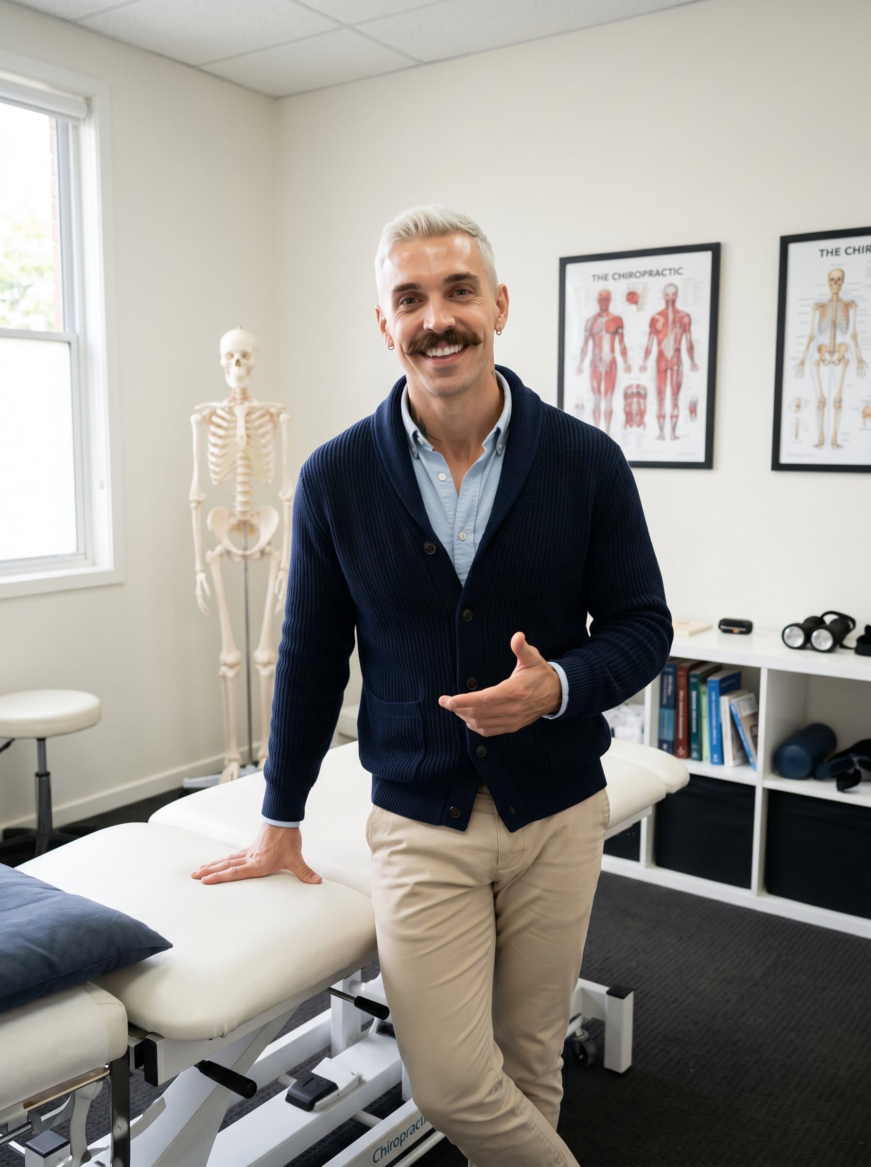 : Posed in a small, neat examination room, the chiropractor, in a smart-casual ensemble of a cardigan and chinos, conveys a sense of competence and kindness with a calm, inviting smile.