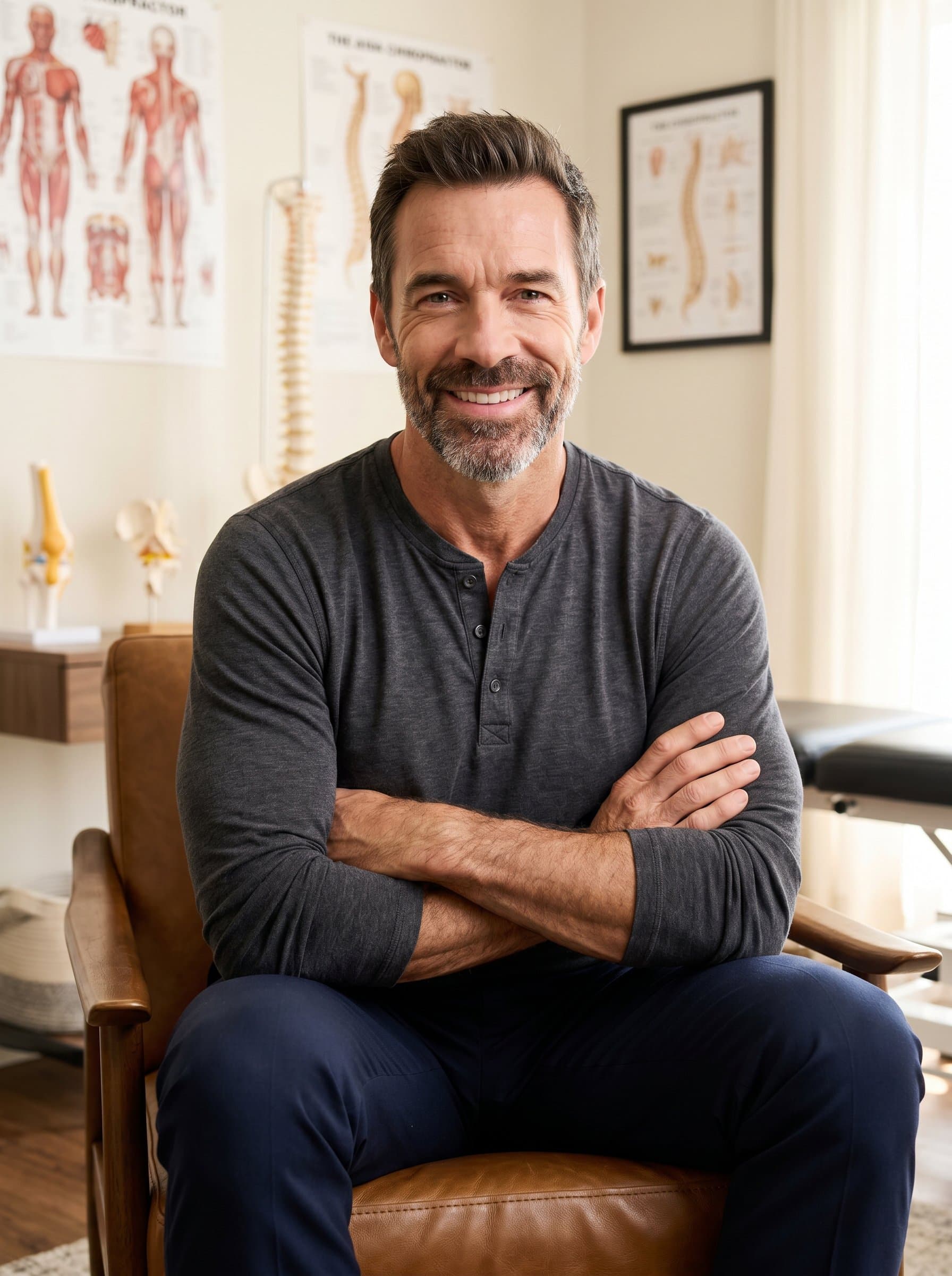 : In a softly lit room, the chiropractor is seated casually with a folded arms posture, wearing a stylish henley and slacks, radiating a sense of calm with a confident, welcoming smile.