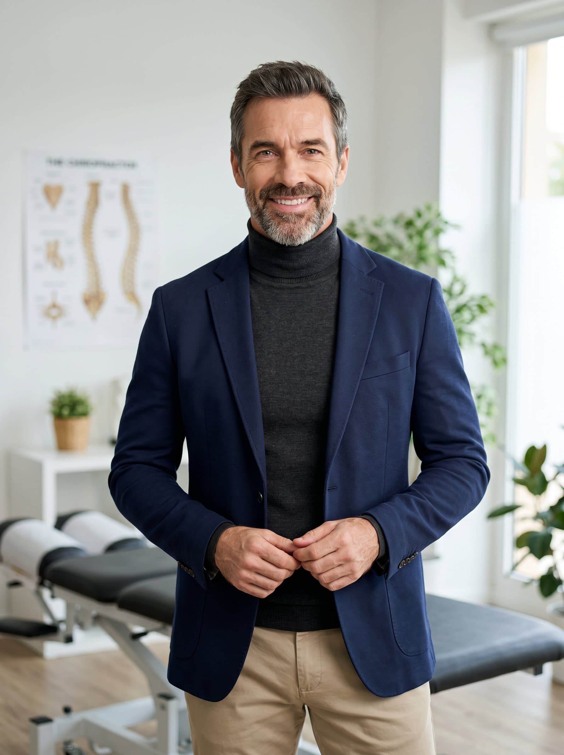 : Against a subtle professional backdrop, the chiropractor, in an elegantly casual outfit with a refined color palette, exudes calm assurance and approachability with a serene smile and a direct look into the camera.