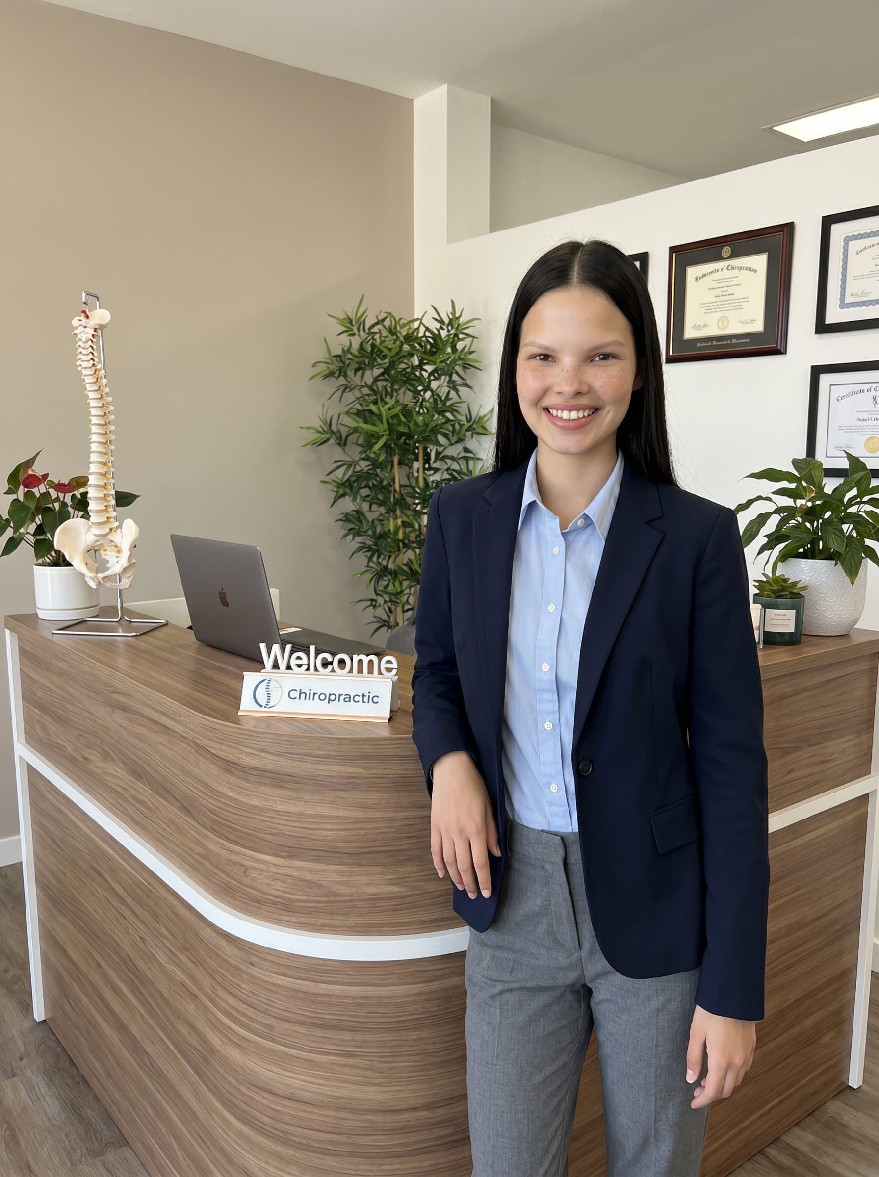 : A chiropractor, standing confidently beside a modern reception desk, in a classic business casual outfit, captures a blend of friendliness and competence with a warm smile and an engaging gaze.