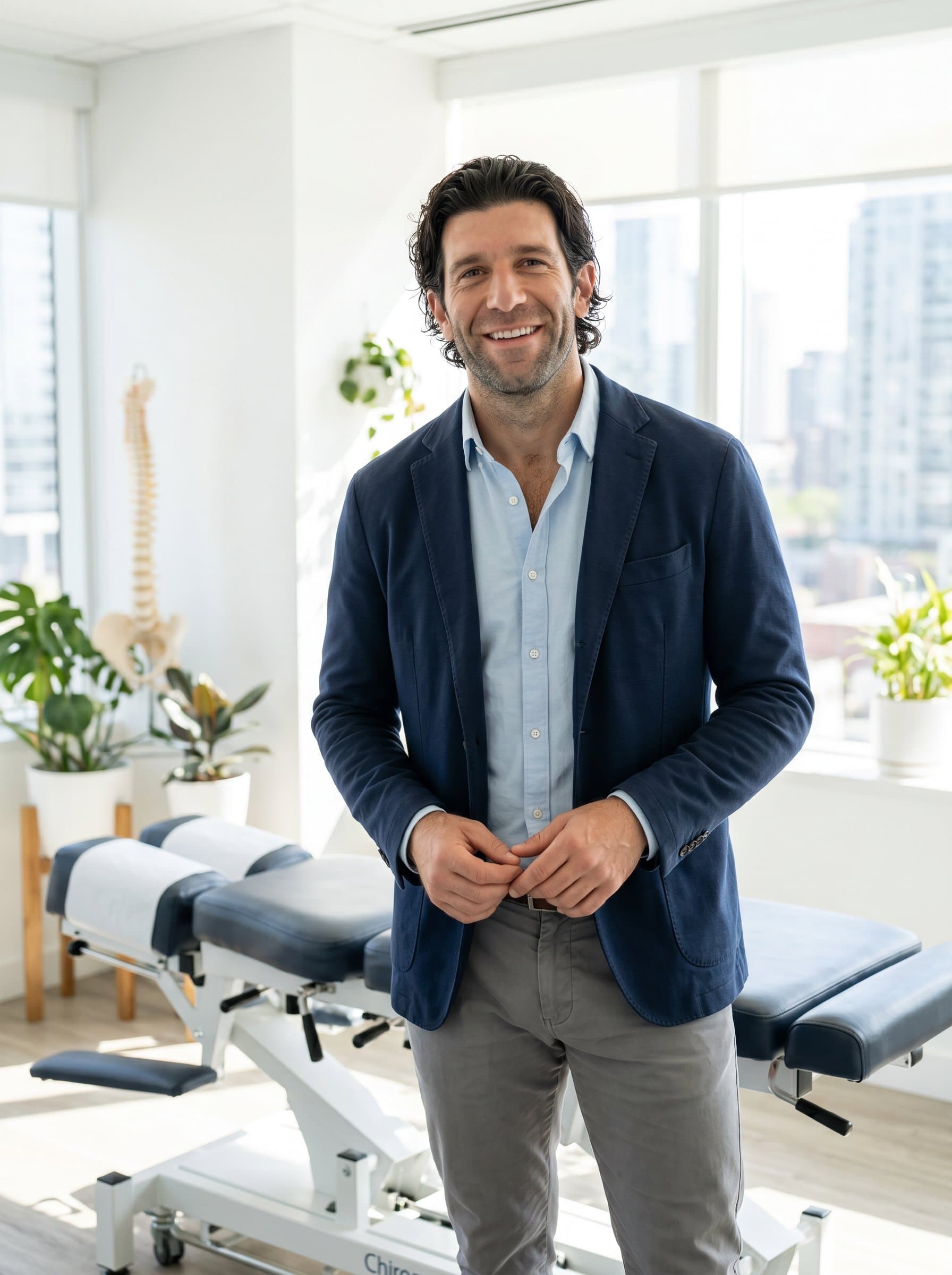 : In a bright, minimalist office, the chiropractor, dressed in an open casual jacket and shirt, embodies modern professionalism with a relaxed, inviting posture and a gentle, encouraging smile.