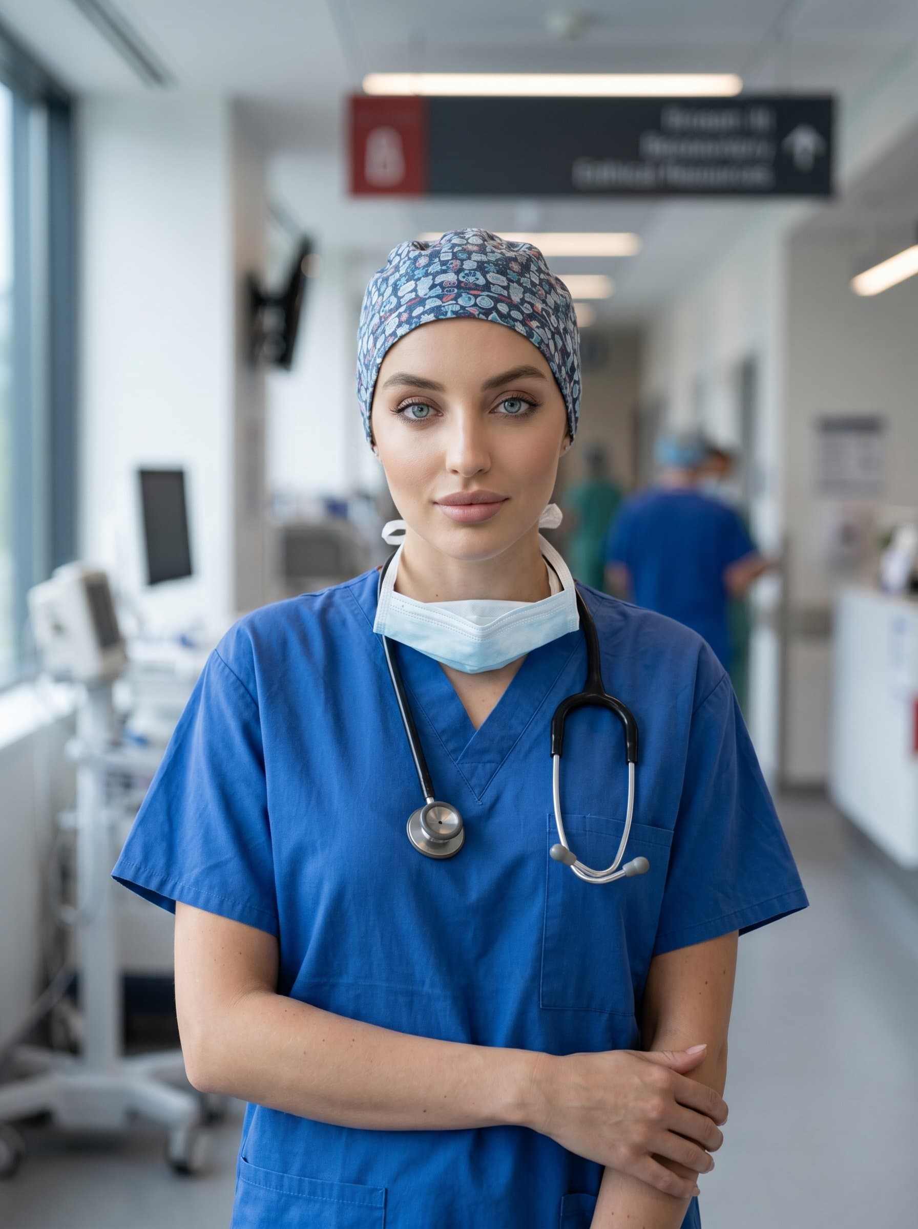 surgeon with a calm expression, wearing scrubs and a surgical cap against a softly blurred hospital background. Professional lighting highlights precision and expertise, perfect for a classic professional profile.