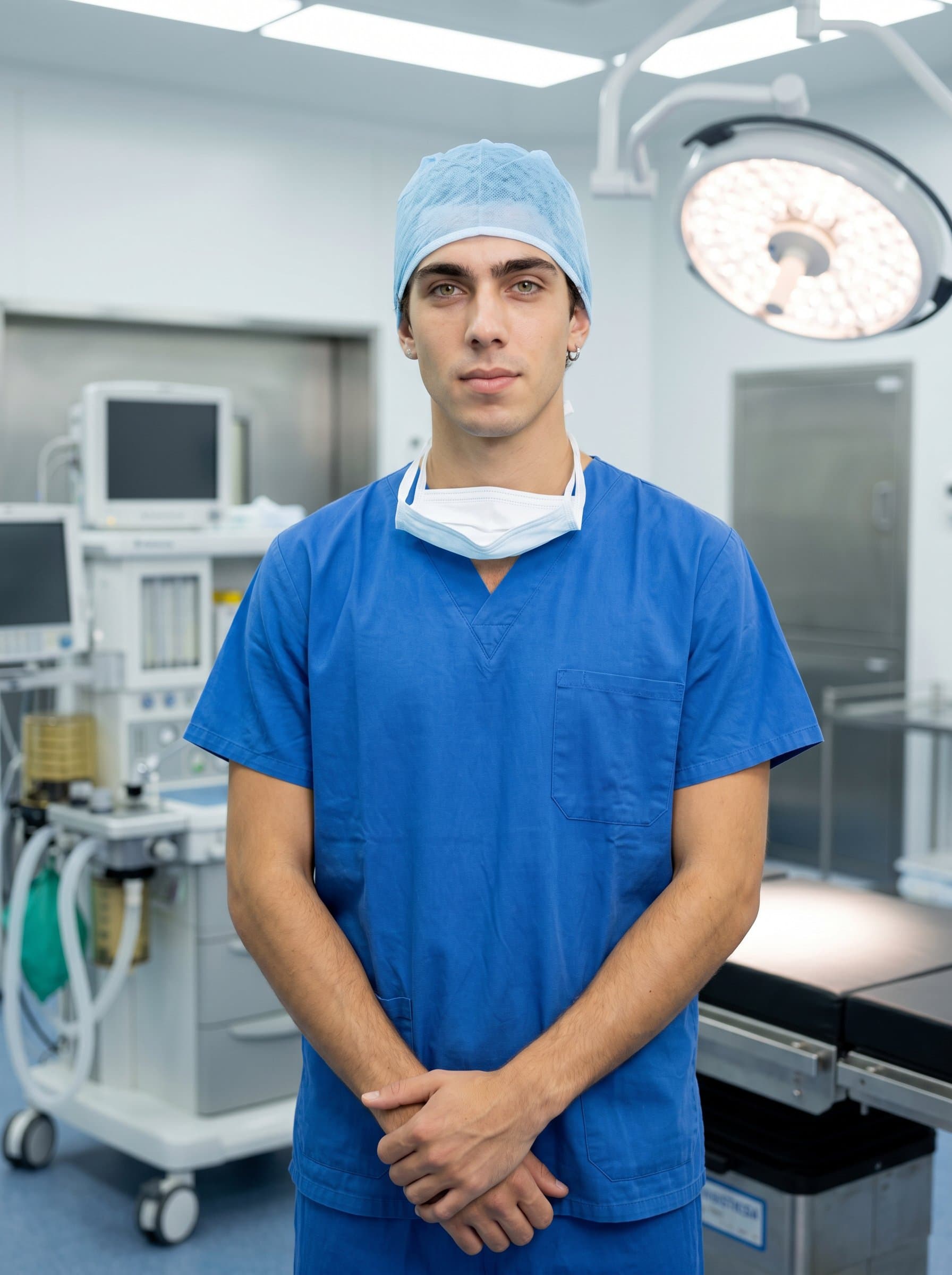 surgeon with hands clasped in front, standing in a well-lit, modern operating theatre. The balanced lighting emphasizes the surgeon's precision and calm demeanor, perfect for conveying trust and expertise.