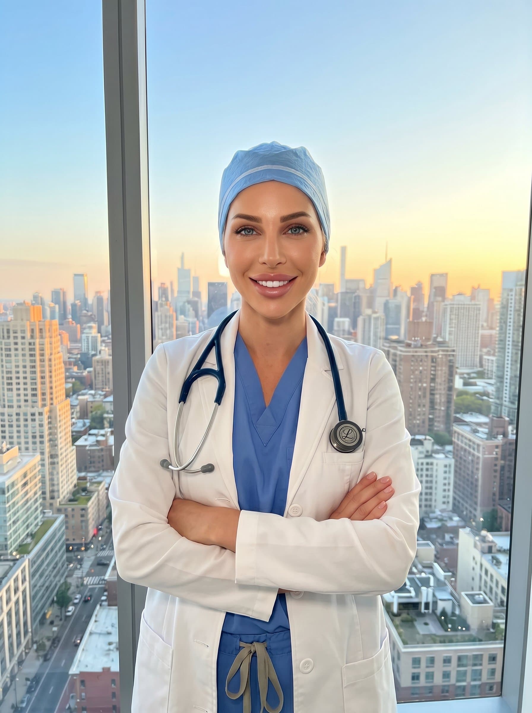 A surgeon, standing confidently in front of a cityscape window view. The blend of urban background and professional attire signifies a modern professional with global outreach, suitable for an innovative profile.