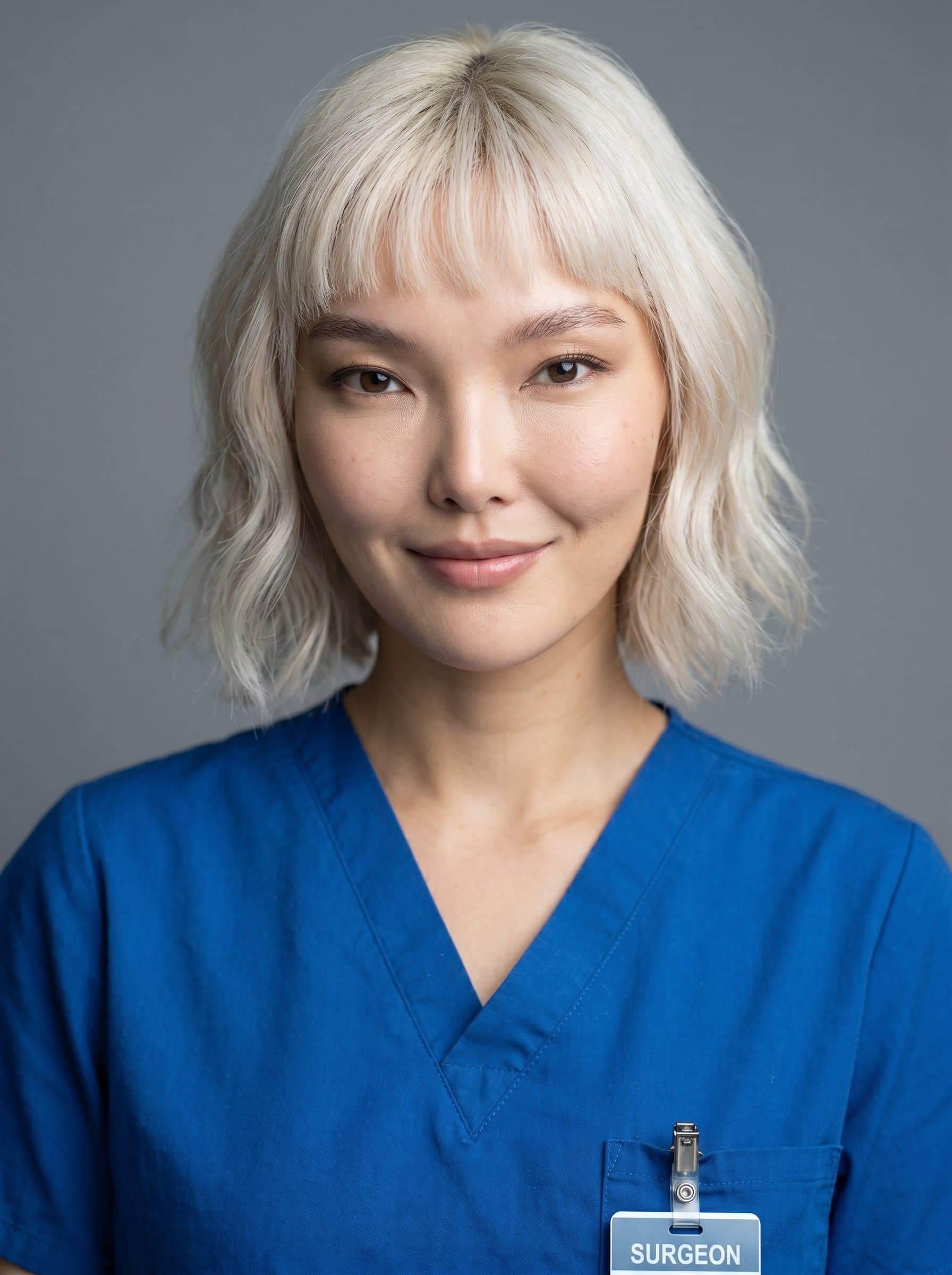 Close-up of a surgeon with a slight smile and eyes that convey empathy. The minimalistic gray background creates a classic, professional look, great for a universally appealing headshot profile.