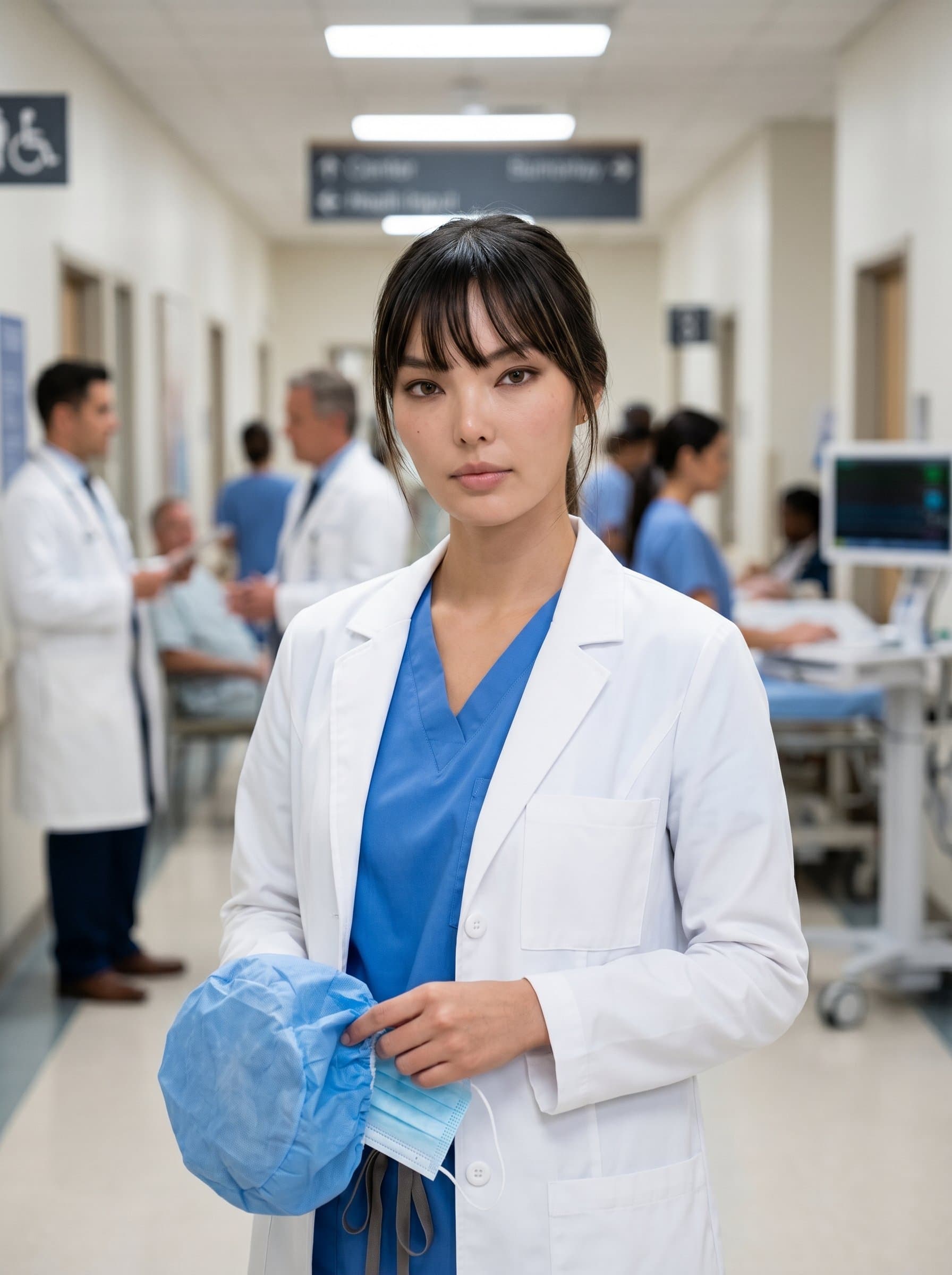 Headshot of a surgeon, surgical mask, and cap in hand, set in a bustling hospital hallway. The busy yet serene background suggests dedication and vitality, ideal for a dynamic professional profile.