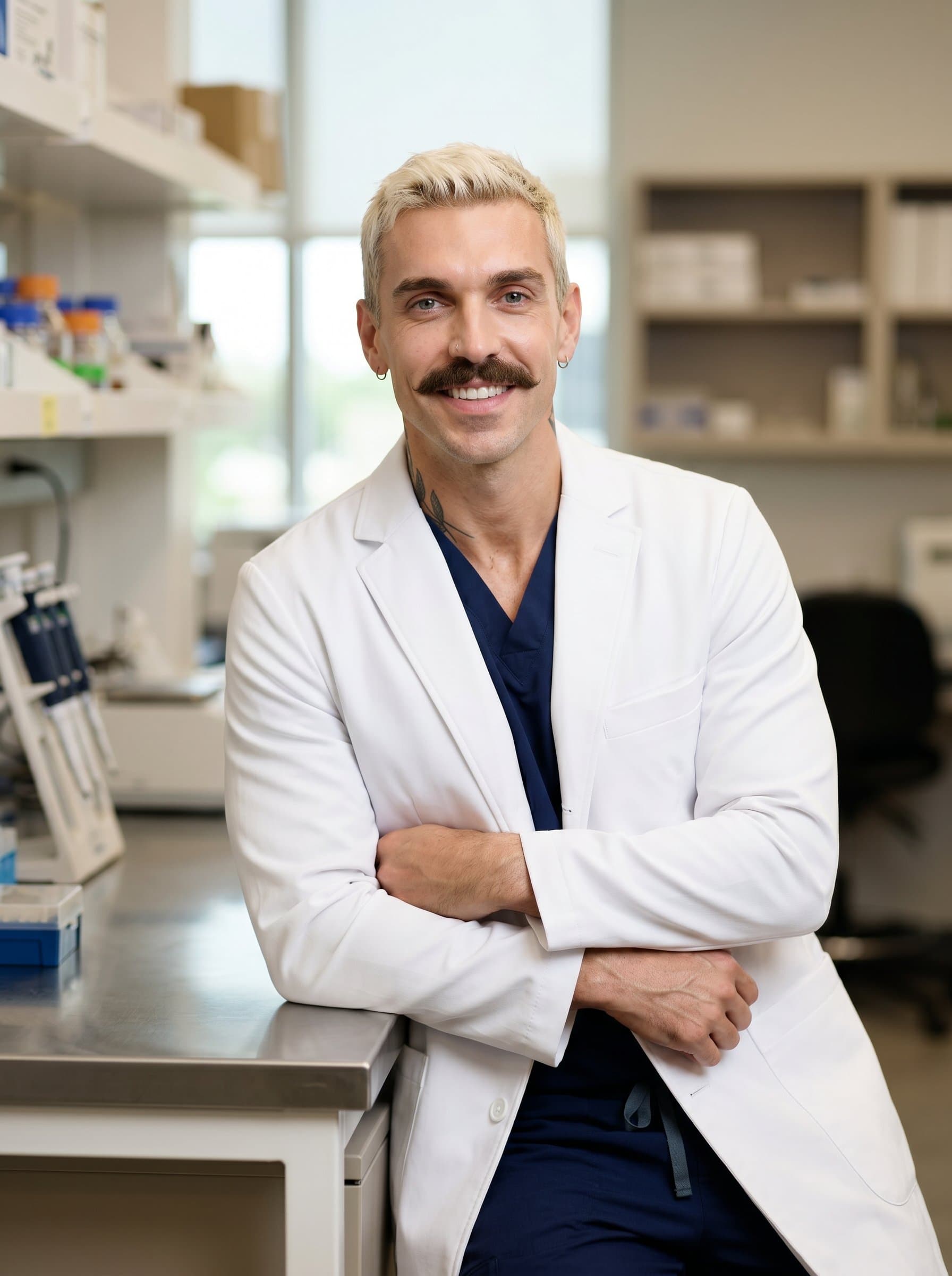 surgeon wearing a white coat, leaning against a lab bench with arms crossed. Neutral tones and soft focus evoke professionalism and approachability, offering a sophisticated look for a profile image.